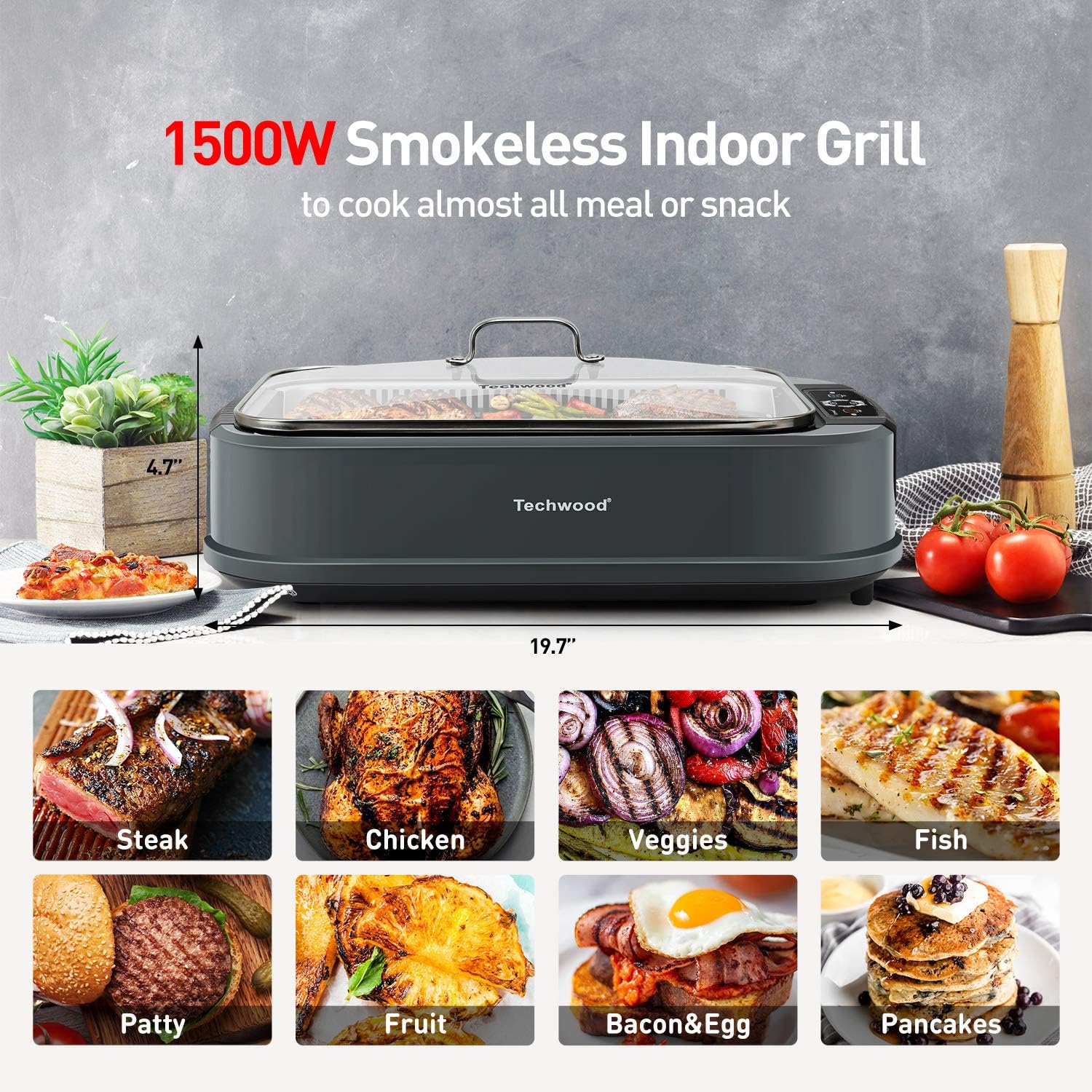 Indoor Grill, Techwood 1500W Smokeless Electric Grill with 2 in1 Nonstick Grill/Griddle Plates, Portable Korean BBQ Grill with 6-Level Control, Glass Lid, Dishwasher Safe, Double Plates, Gray
