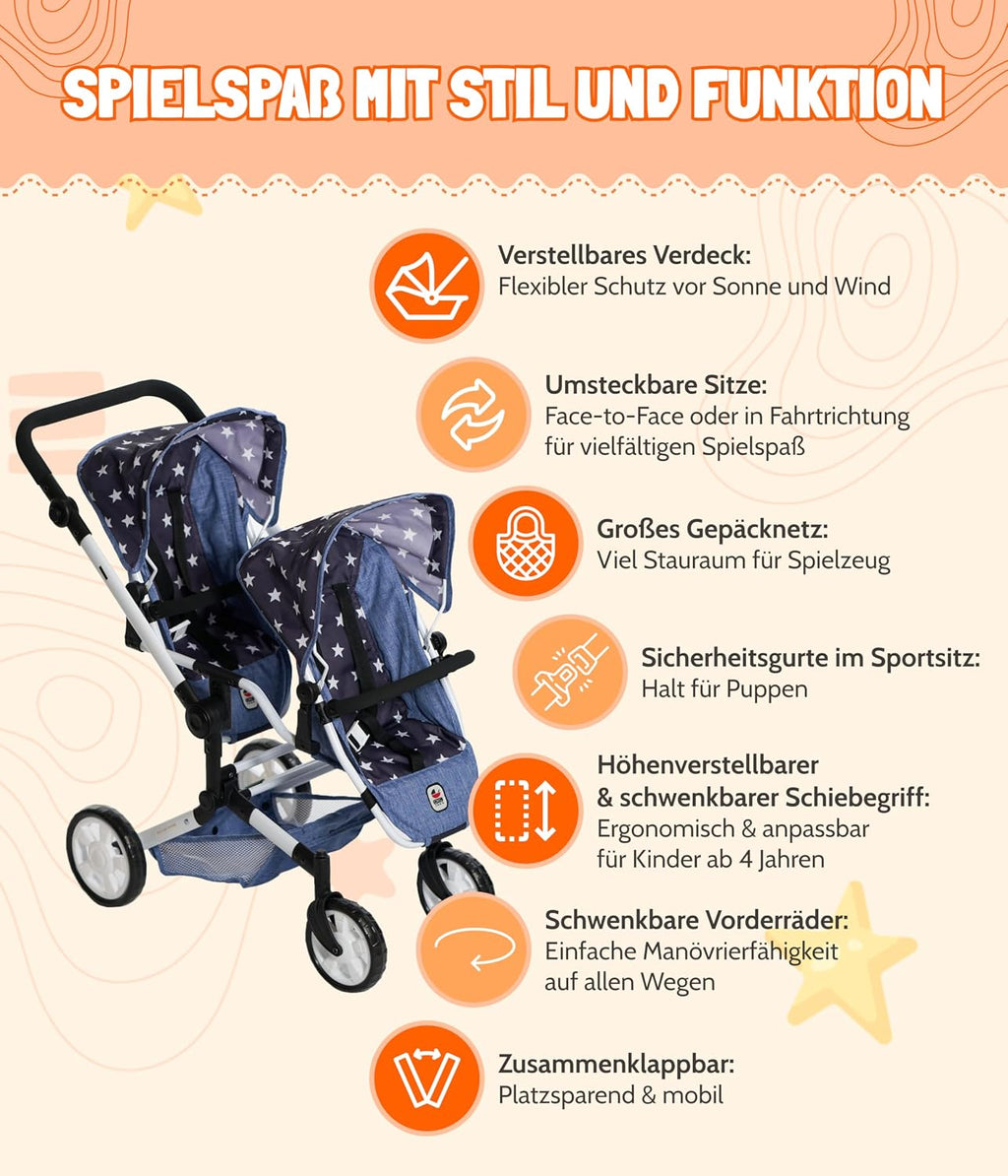 Bayer Chic 2000 - Linus Duo Doll's Pram, Twin Doll's Pram for Children from 4 to 8 Years, Jeans Grey, 690-76, 82 x 41.5 x 79 cm