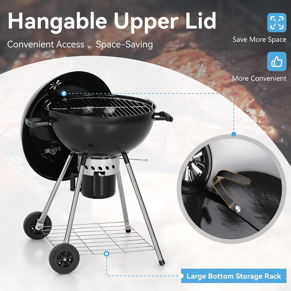 GREEN PARTY 22 inch Kettle Charcoal BBQ Grill with Wheels, Portable Charcoal Grill with Porcelain-Enameled Lid & Ash Catcher for Outdoor Cooking Barbecue Camping Picnics Tailgating, Black