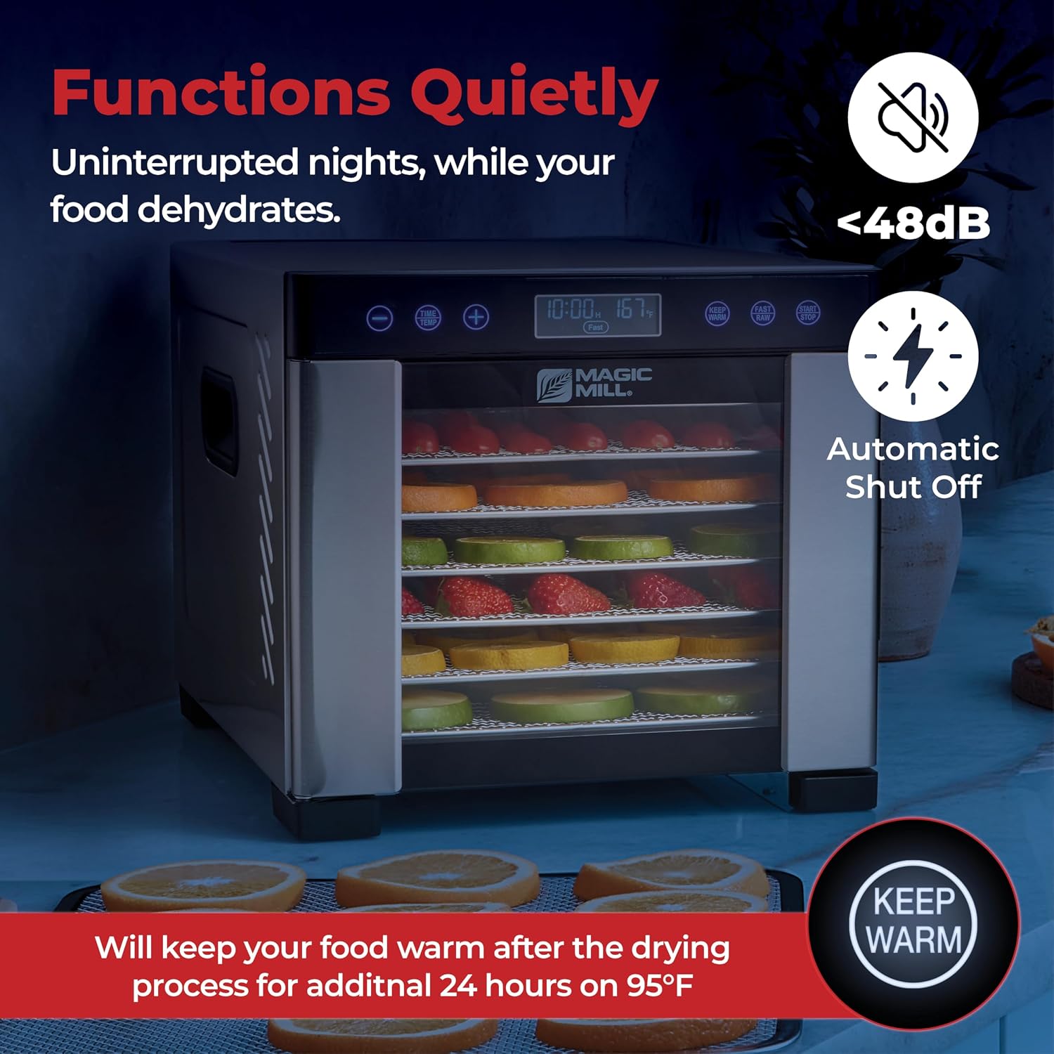 Magic Mill Pro Food Dehydrator Machine | 7 XL Stainless Steel Trays | Dryer for Jerky, Dog Treats, Herb, Meat, Beef, Fruit | Keep Warm Function, Digital Timer and Temperature Control, ETL Approved