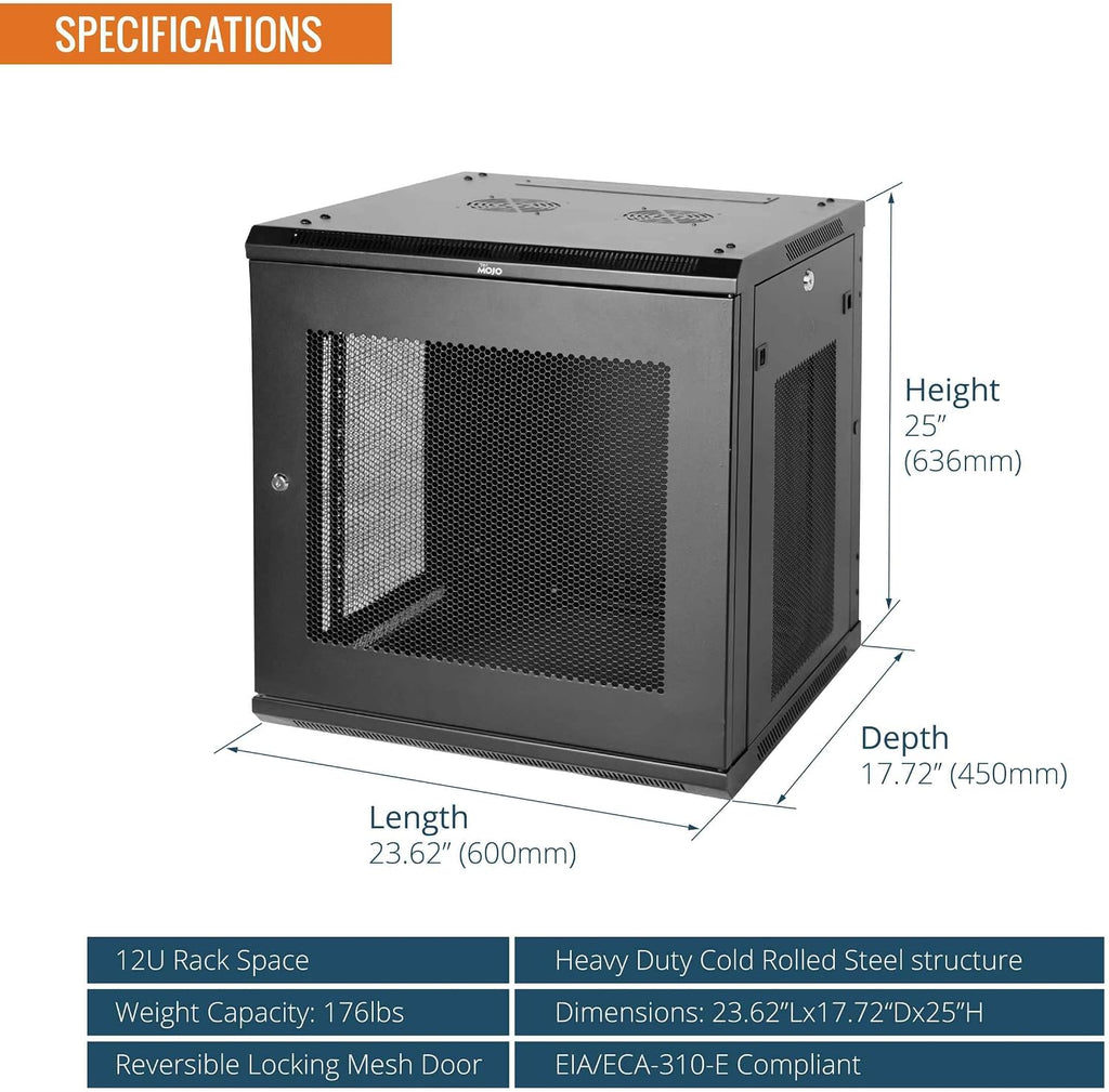 Tecmojo Elite Collection 12U Wall Mount Server Cabinet IT Network Rack Enclosure Lockable Mesh Door and Side Panels, with 2 Cooling Fans,17.7inch Depth, Hold up to 176Lbs,Black
