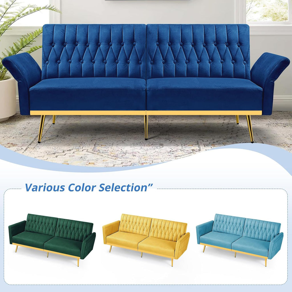 70' Velvet Futon Sofa Bed w/Adjustable Armrests and Backrest, Convertible Futon Couch w/2 Pillows, Modern Sleeper Bed for Living Room, Bedroom, Blue