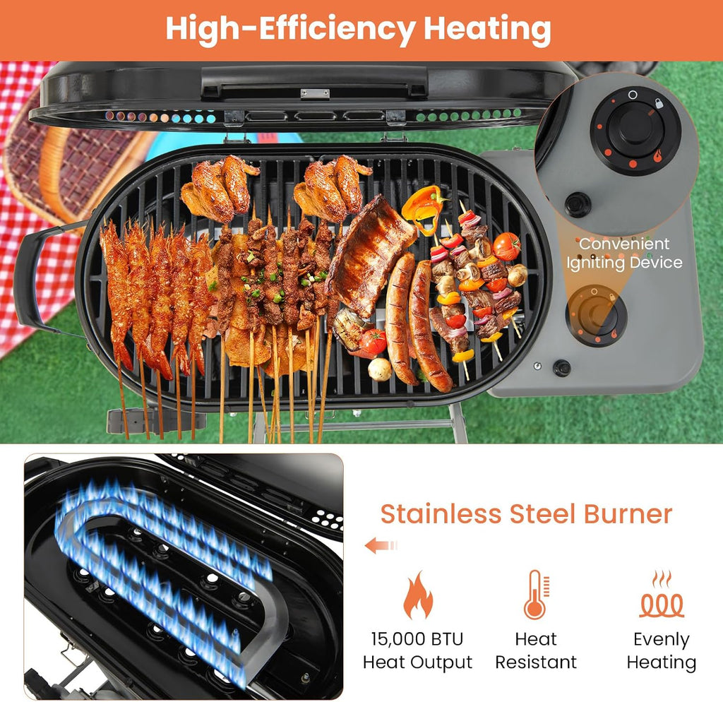 Giantex Portable Propane Gas Grill with 15,000 BTUs Burner, Side Table, 2 Wheels, Grease Tray, Metal Frame, Folding Stand-Up Propane Gas Grill for Outdoor Cooking Camping Barbecue (Black)