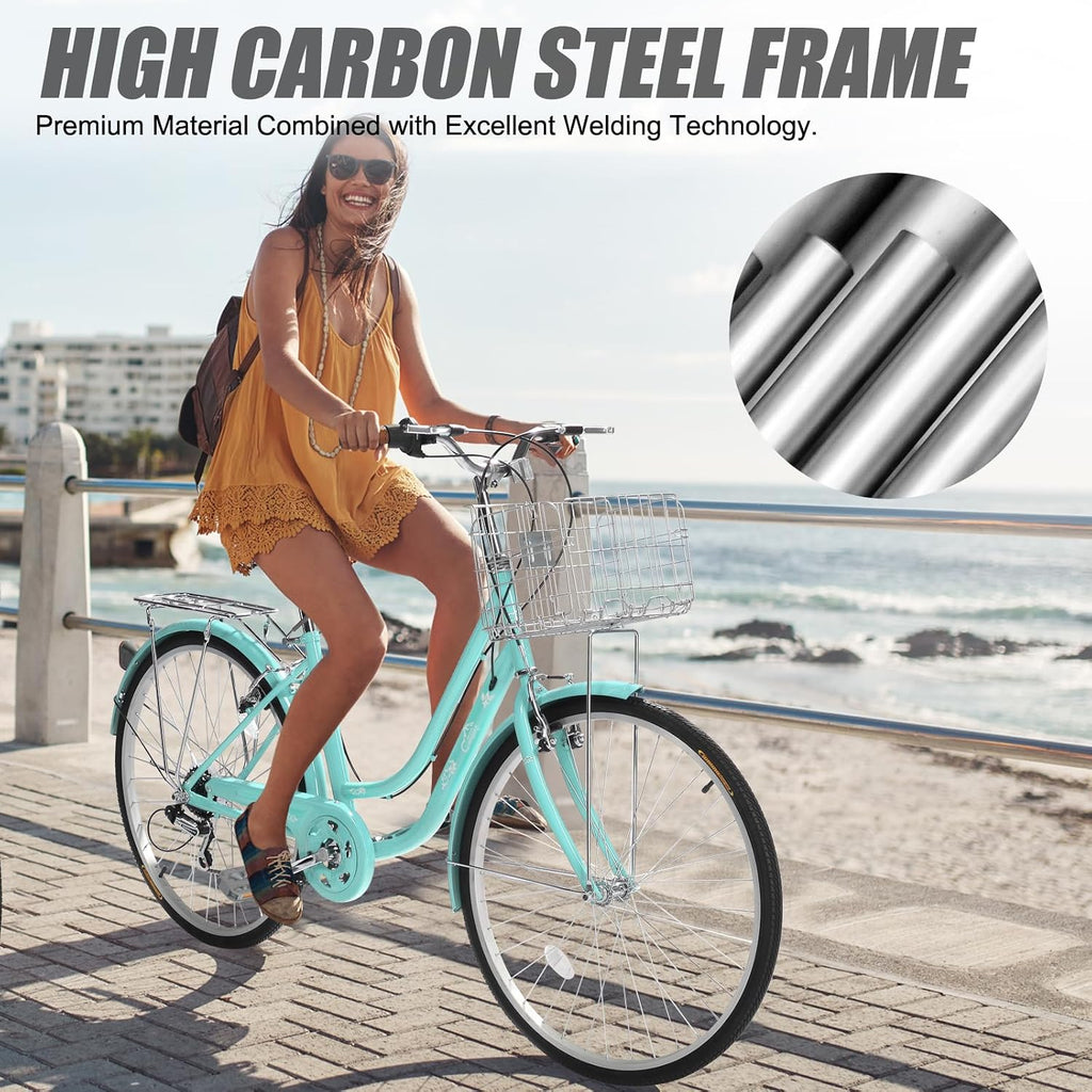 Ktaxon Women Bike 24/26 Inch Bicycles for Women, Beach Cruiser Bike with Premium Derailleur & Shift Lever, Adjustable Seat, High-Carbon Steel Frame and Excellent Welding Technology | Premium Derailleur, Shift Lever, Adjustable Seat
