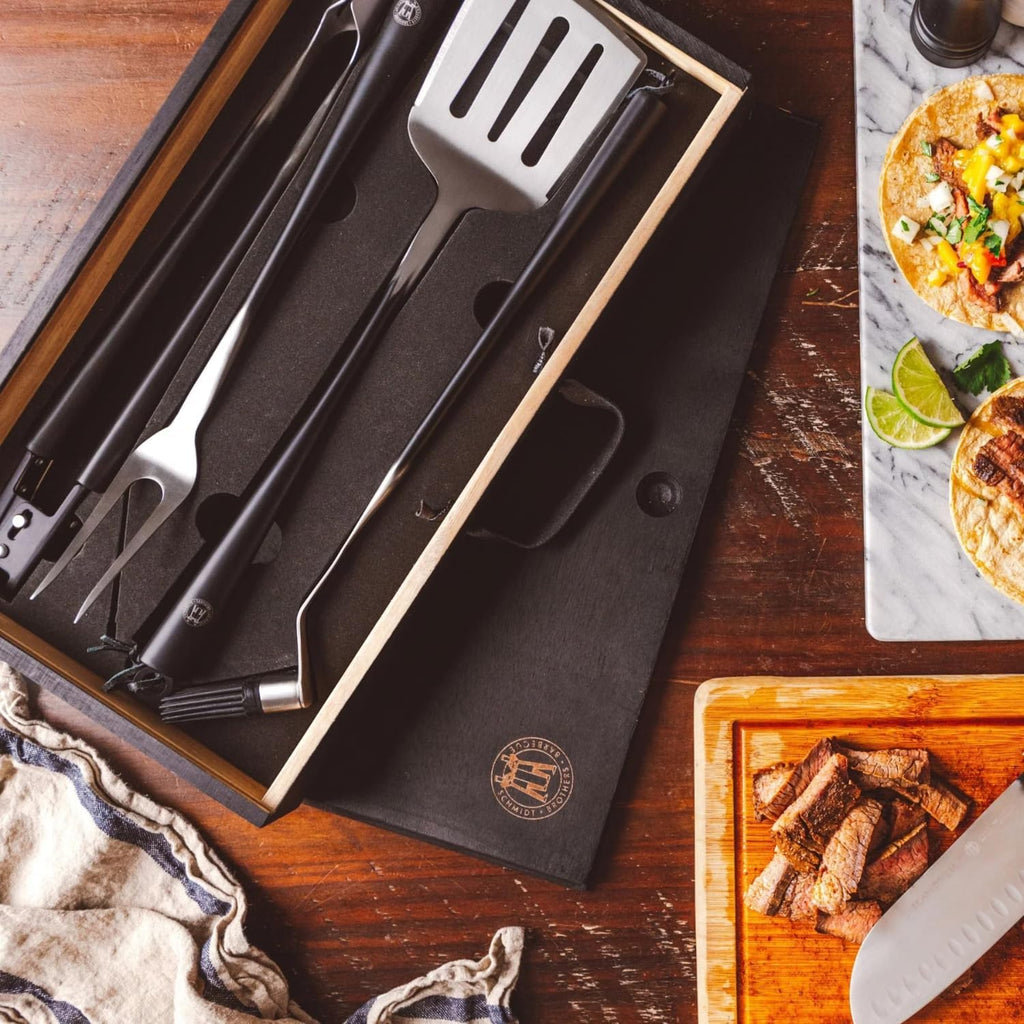 Schmidt Brothers - BBQ Carbon 6, 4-Piece Grilling Accessory Set, Full-Forged Stainless Steel Grilling Utensils Including Spatula, Fork, Basting Brush, and Tongs with All Wood Handles