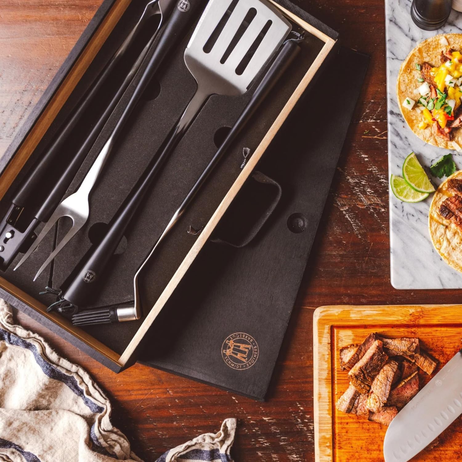 Schmidt Brothers - BBQ Carbon 6, 4-Piece Grilling Accessory Set, Full-Forged Stainless Steel Grilling Utensils Including Spatula, Fork, Basting Brush, and Tongs with All Wood Handles