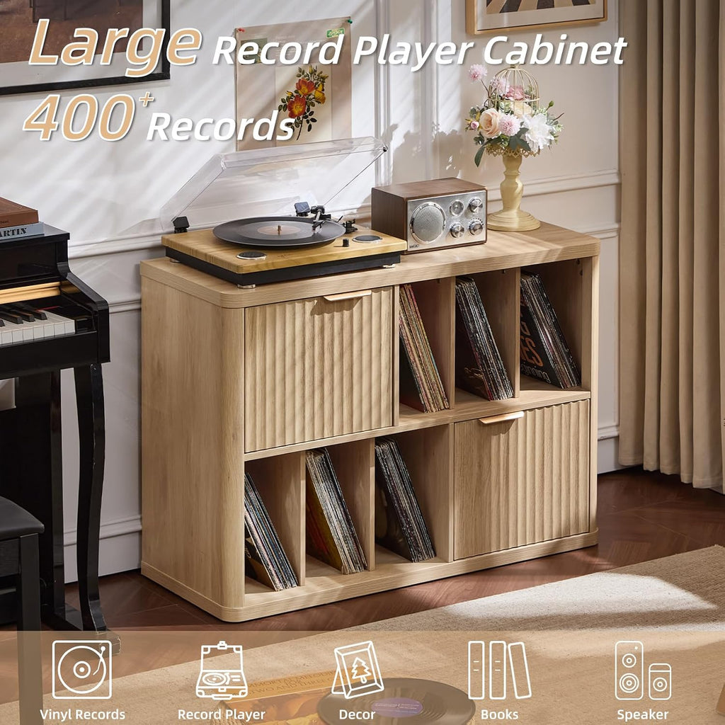 LEYAOYAO Large Record Player Stand with Vinyl Storage Up to 450 Albums, Wood Fluted Boho Record Storage Accent Cabinet, Modern Stereo Media Cabinets, Wide Turntable Stand for Living Room, Natural Oak