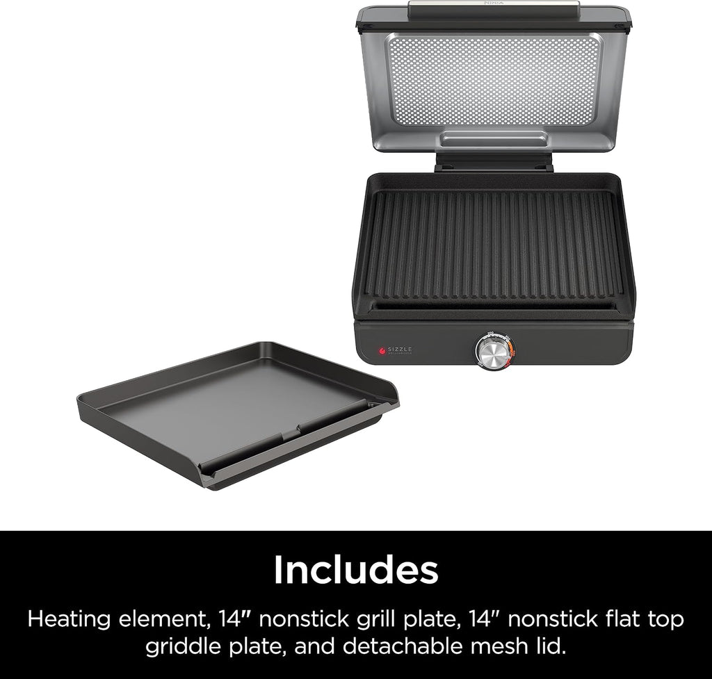Ninja Griddle and Indoor Grill, 14'', Electric Grill, For Steak, Burgers, Salmon, Veggies, and More, Pancake Griddle, Nonstick, Dishwasher Safe, 500F, Even Cooking, Silver, GR101