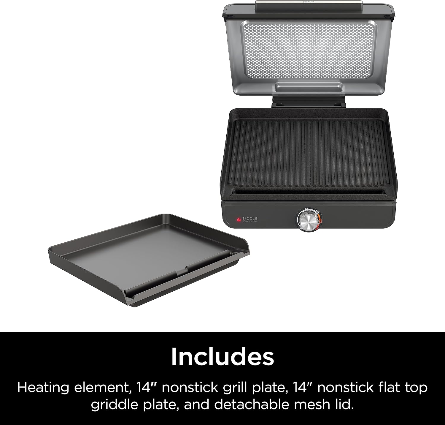 Ninja Griddle and Indoor Grill, 14'', Electric Grill, For Steak, Burgers, Salmon, Veggies, and More, Pancake Griddle, Nonstick, Dishwasher Safe, 500F, Even Cooking, Silver, GR101
