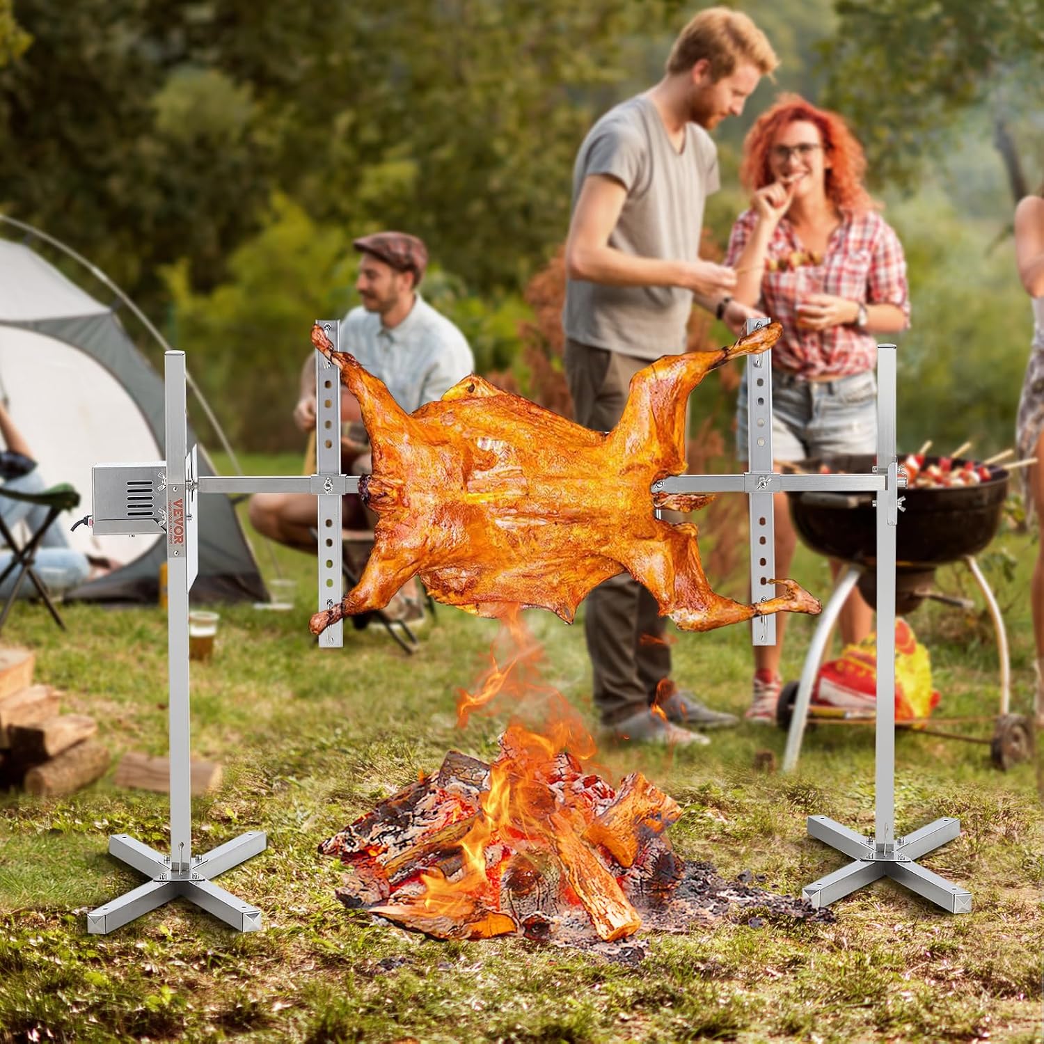 VEVOR Electric BBQ Rotisserie Grill Kit, 52 Inch 88 lbs Capacity, Automatic 38W Motor Height Adjustable Universal Roaster Stand, Stainless Steel Grilling Kit, Spit Rod with Heat Shield for Pig Lamb