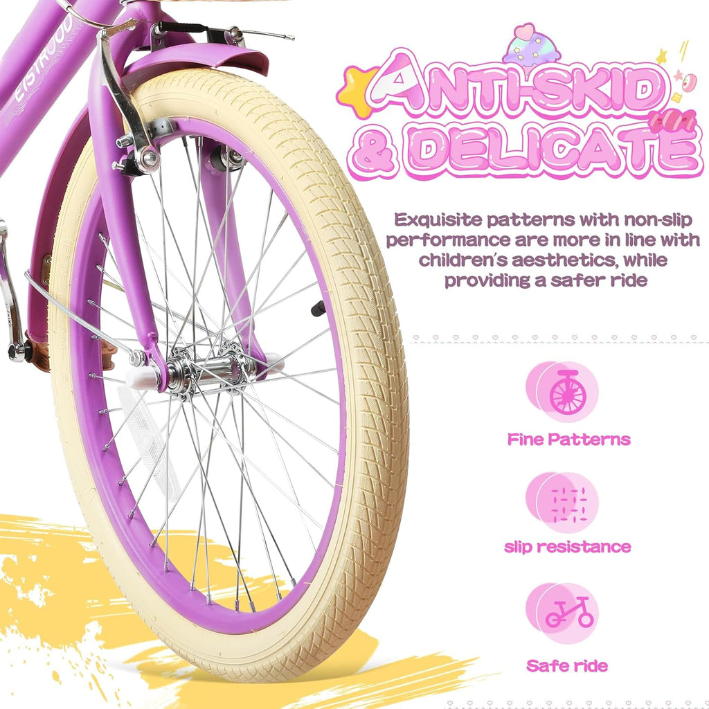 20 Inch Girls Bike, Single Speed Kids' Bicycles with Basket and Kickstand, Kids Beach Cruiser Bike for Girls, Adjustable Seat, Multiple Colors