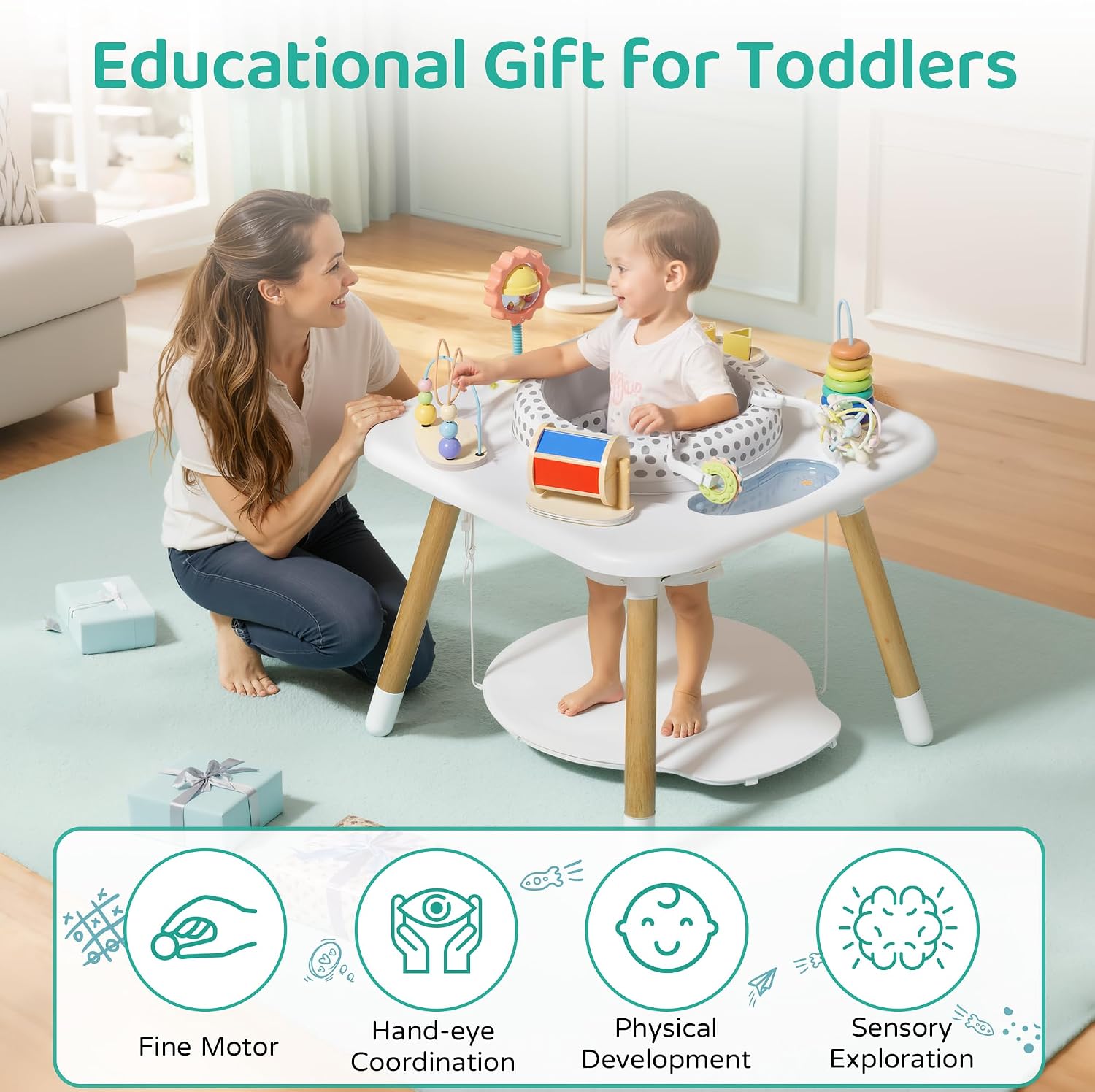Kizfarm 3-Stage Baby Activity Center, Montessori-Inspired Design, 7 Interactive Toys with Teether, Exersaucer&Toddler Table, Shower Gift, 3 6 12 Month Old Baby Essential, Toy for Baby Infant Toddler