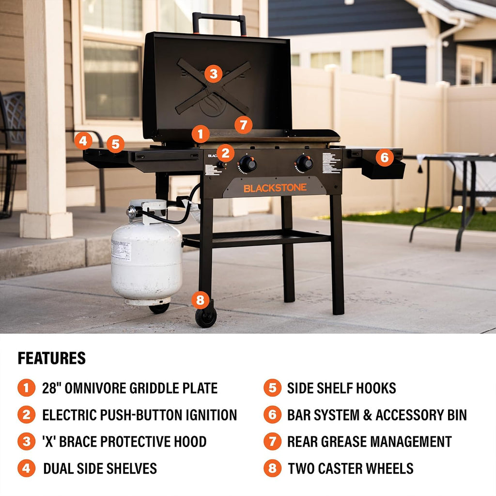 Blackstone Original 28' Griddle, Outdoor Cooking Station with Built-In Hood, Black - Includes Extendable Side Shelves and Caster Wheels