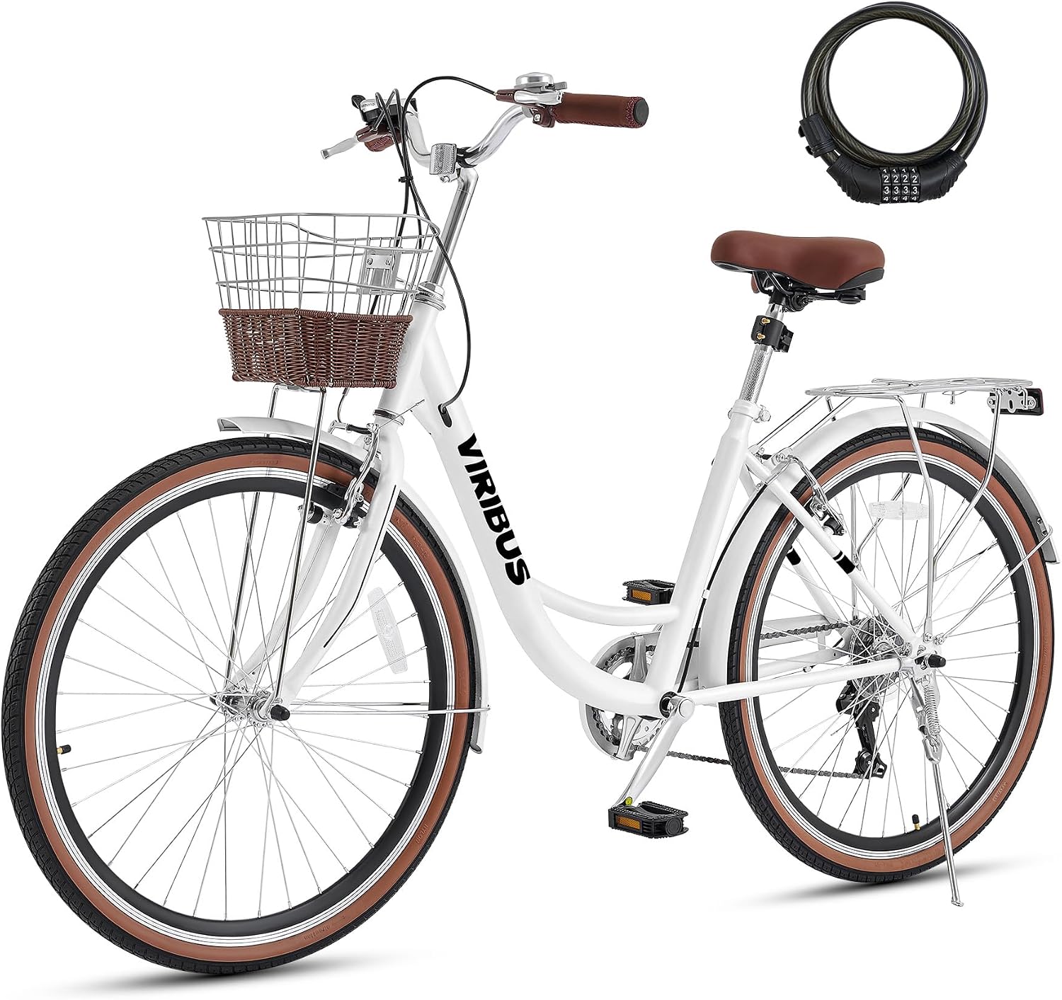 VIRIBUS Womens Cruiser Bike, 7 Speed Beach Cruiser Bike for Women, 26 inch Women Bicycle with Rattan Basket, City Commuter Vintage Retro Step Through Bicycle for Female Ladies Seniors, 330 Lb.