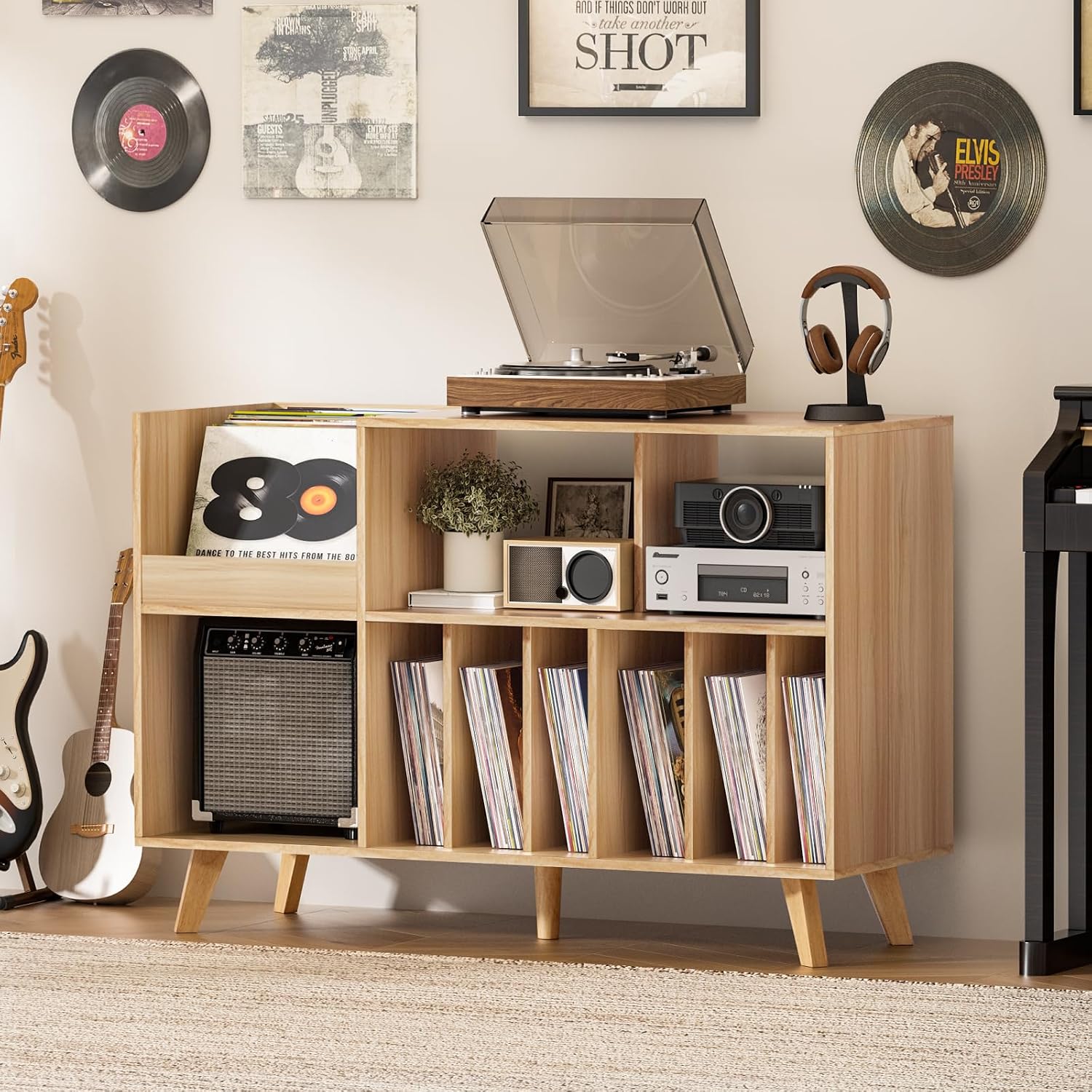 LELELINKY Natural Wood 48''Record Player Stand with Storage and Display Area, Turntable Stand Vinyl Record Holder Player Table Holds Up to 450 Albums, Record Stand for Music Room Living Room
