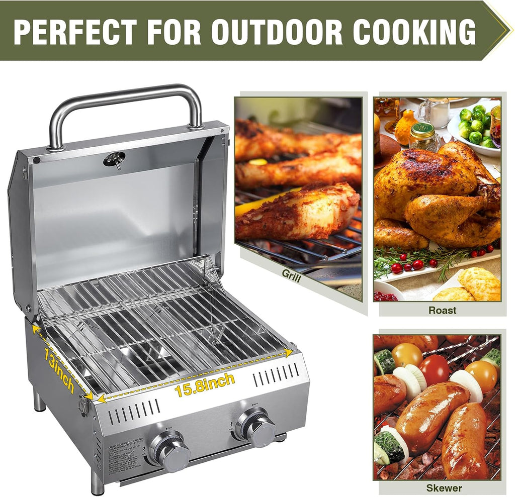 Bestfire Tabletop Gas Grill 2 Burners, 20,000 BTUs Stainless Steel Portable Propane Grill with Legs for Outdoor Patio Backyard Camping, Tailgating, and RV Trips