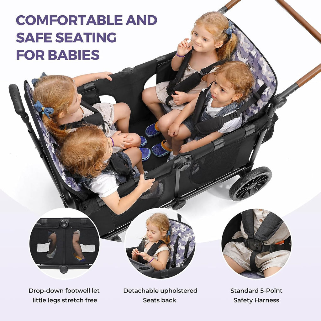 ELEMARA Wagon Stroller 4 Seater, Premium Stroller Wagon for 4 Kids, Foldable All-Terrain Wagon for Kids with Canopy, Adjustable Push/Pull Handles,Convertible High Seat&Organizer, Black+Purple