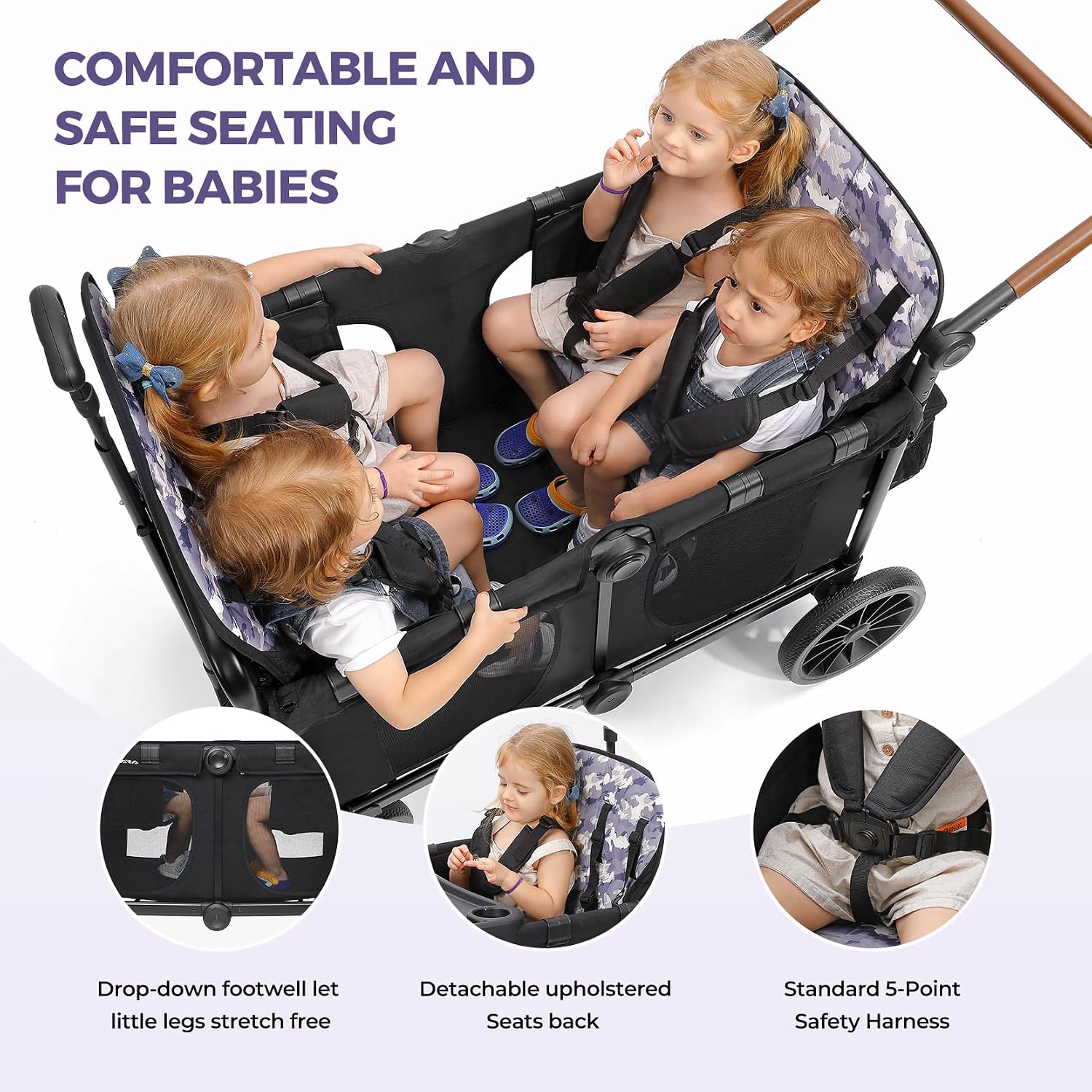 ELEMARA Wagon Stroller 4 Seater, Premium Stroller Wagon for 4 Kids, Foldable All-Terrain Wagon for Kids with Canopy, Adjustable Push/Pull Handles,Convertible High Seat&Organizer, Black+Purple