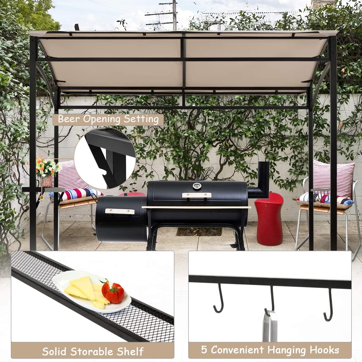 Tangkula 7ft Grill Gazebo, Patio Barbecue Canopy with Serving Shelf and Storage Hooks, Curved Grill Shelter w/Heavy-Duty Steel Frame Sunshade Gazebo for Outdoor Garden (Beige)