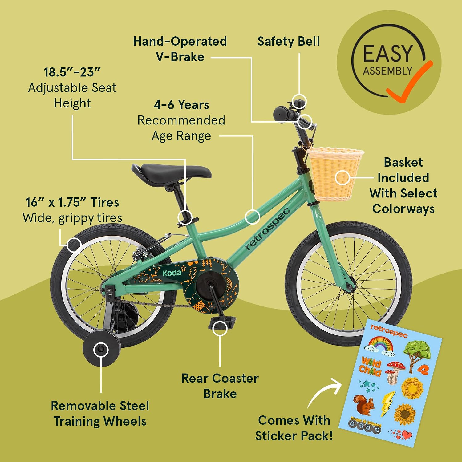 Retrospec Koda Plus Kids Bike for Boys & Girls Ages 4-6 Years - Children's Bicycle, Adjustable Seat & Handlebars