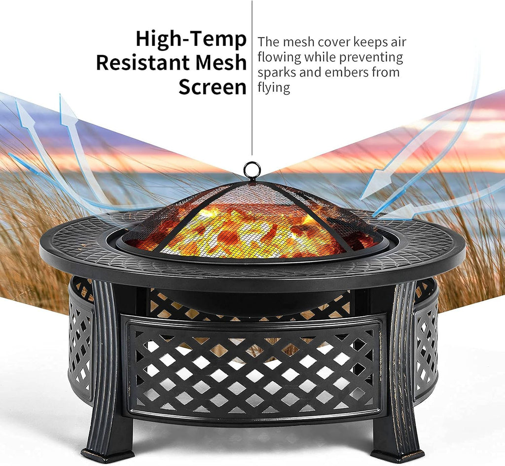 Giantex 3 in 1 Fire Pit, 32' Outdoor Wood Burning Fire Pit, Multifunctional Round Firepit Stove, Metal Fire Bowl with Cover, Portable Fire Pits for Outside Heating, Bonfire, Picnic, Grill