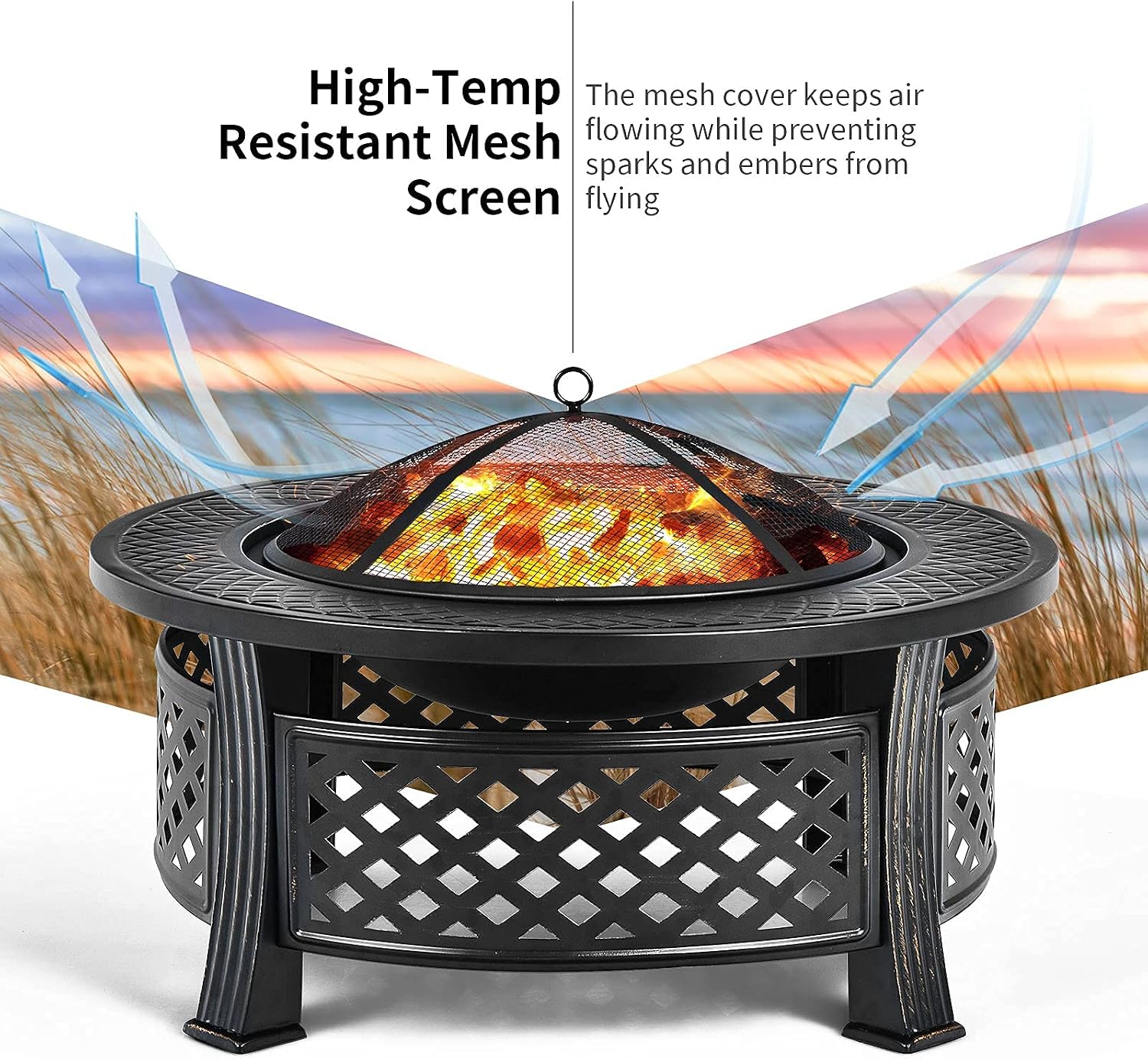 Giantex 3 in 1 Fire Pit, 32' Outdoor Wood Burning Fire Pit, Multifunctional Round Firepit Stove, Metal Fire Bowl with Cover, Portable Fire Pits for Outside Heating, Bonfire, Picnic, Grill