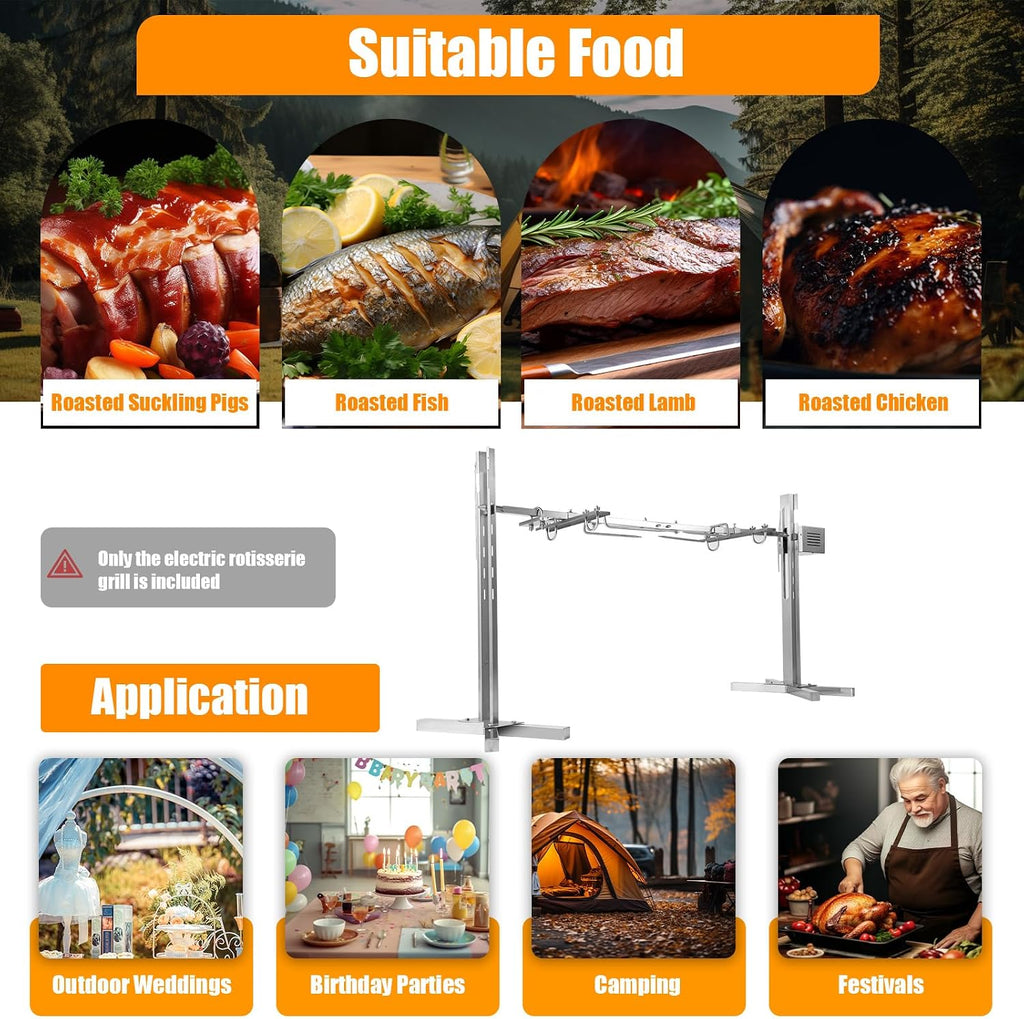 53' Electric BBQ Rotisserie Grill Kit, Rotisserie Kit for Grill with Automatic Rotisserie Motor, Pig Spit Rotisserie Grill, Height Adjustable Stainless Steel Roaster Stand for Roasting Pig Lamb