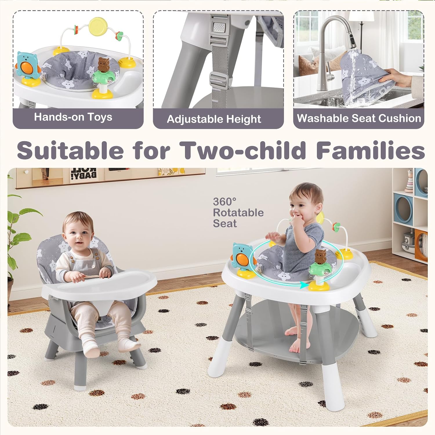 KOTEK 16 in 1 Convertible High Chair, Baby Highchair & Activity Center, Booster Seat, Building Block Table, Toddler Chair with 5-Point Harness, Removable Tray & Cushion (Gray)