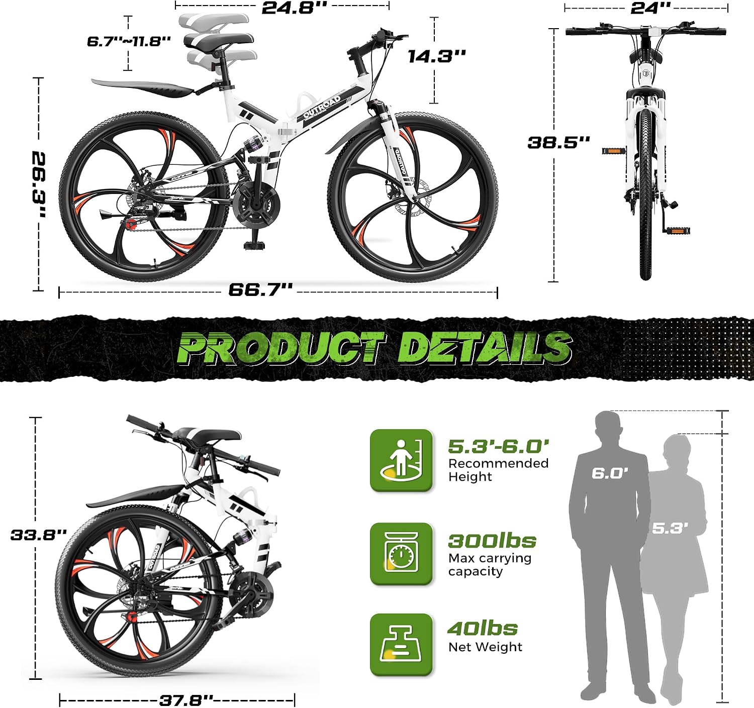 Outroad 26 Inch Folding Mountain Bike, 21 Speed Full Suspension High-Carbon Steel MTB Foldable Bicycle, Dual Disc Brake Non-Slip Folding Bikes for Adults/Men/Women, Black, Orange and Green