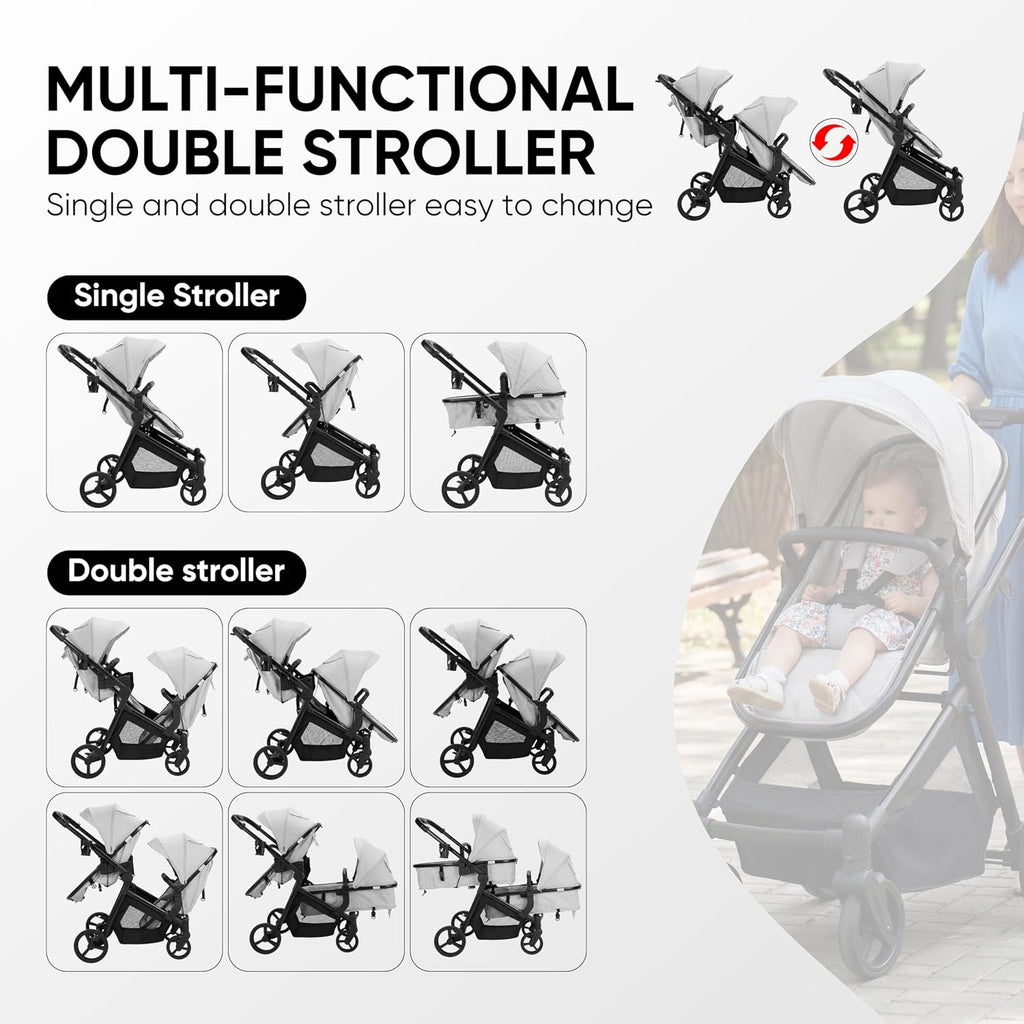 Double Stroller for Twins Infants and Toddlers, Foldable Tandem, Convertible Twin to Single Stroller, Compact Light Weight， Ages 0-3 Years (B0G1Y96QXZ)