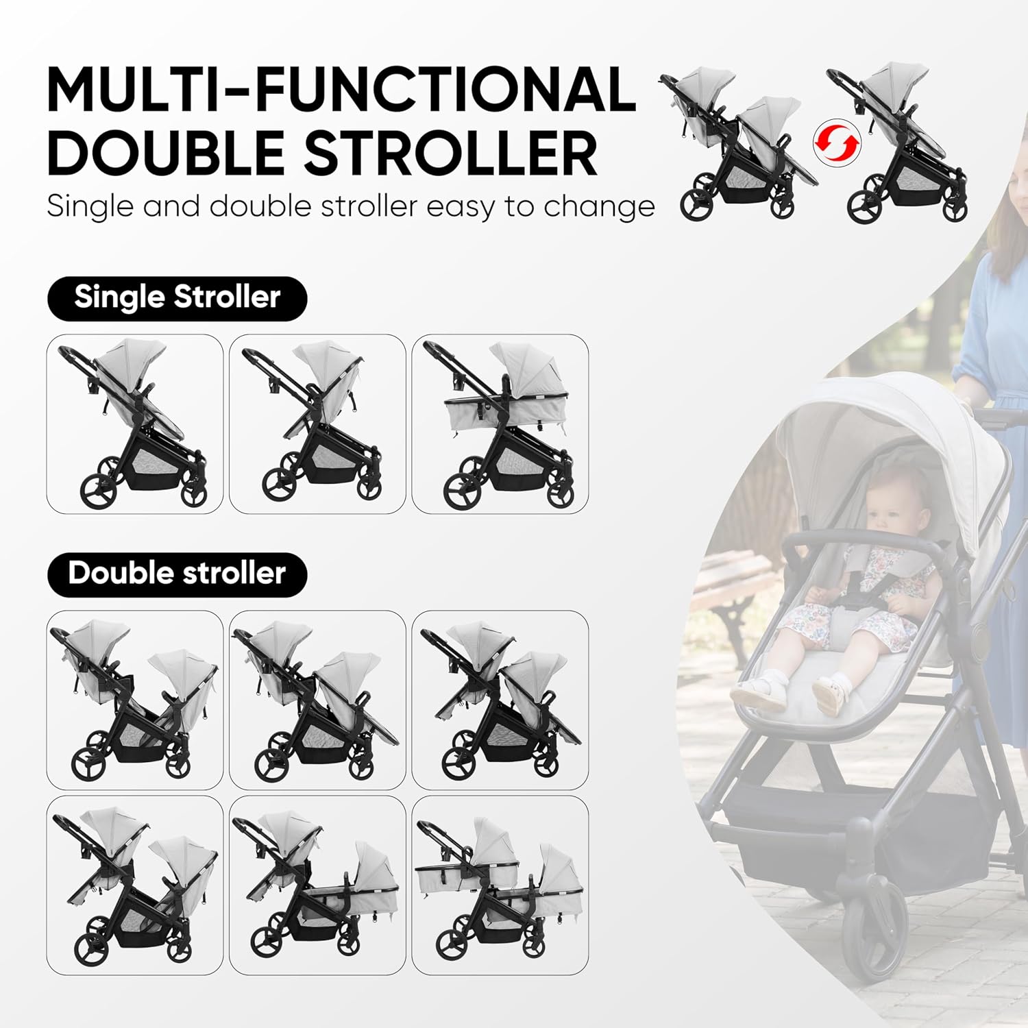 Double Stroller for Twins Infants and Toddlers, Foldable Tandem, Convertible Twin to Single Stroller, Compact Light Weight， Ages 0-3 Years (B0G1Y96QXZ)