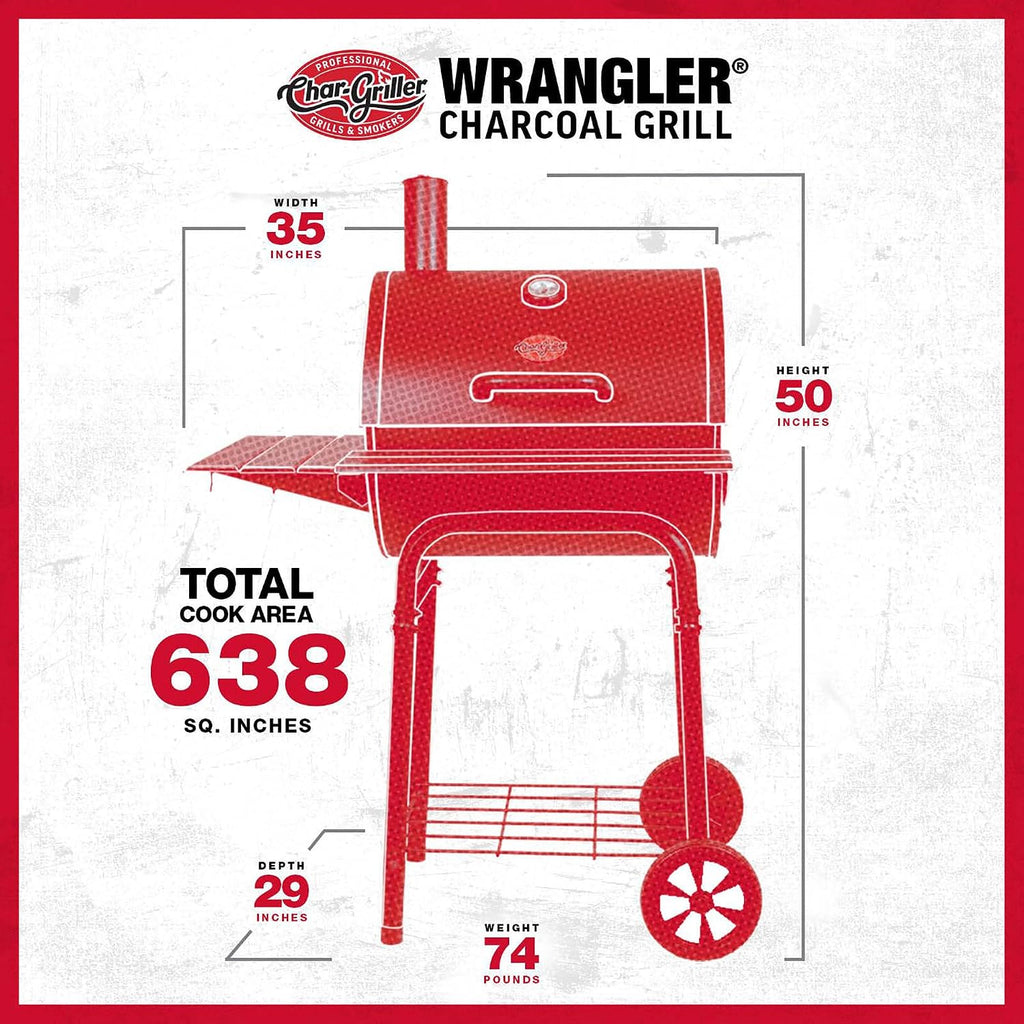 Char-Griller® Wrangler® Charcoal Grill in Black with Metal Shelves, EasyDump™ Ash Pan, Premium Wood Front and Side Shelves with Utensil Hooks, 640 Cooking Square Inches in Black, Model 2823