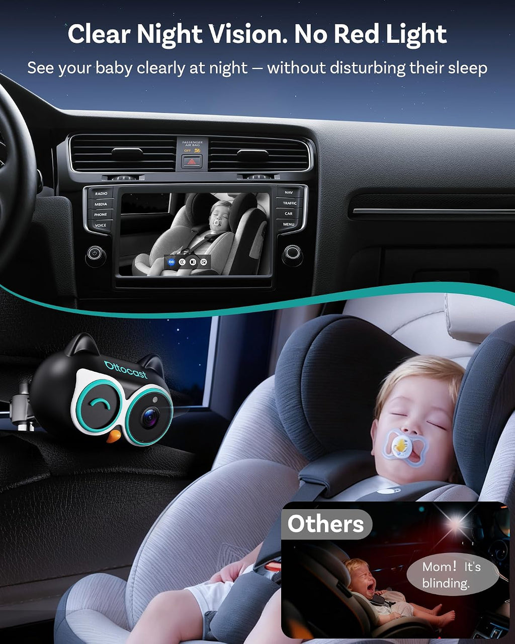 OTTOCAST Baby Car Camera &Wireless CarPlay Adapter,1080P HD Rear Seat Monitor Display on Car Screen,150°Wide Angle No-Glow Night View, Safety for Kids & Infants