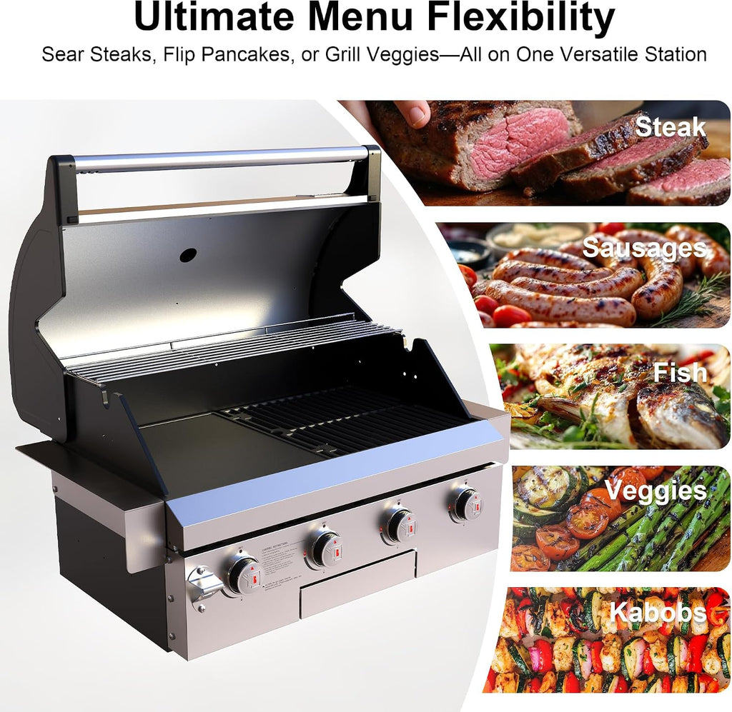 Brand-Man Gas Grill Built-In Head, 30-Inch 4-Burner Propane Grill, Natural Gas Convertible, Heavy Duty 304 Stainless Steel 40,000BTUs BBQ Island Outdoor Kitchen