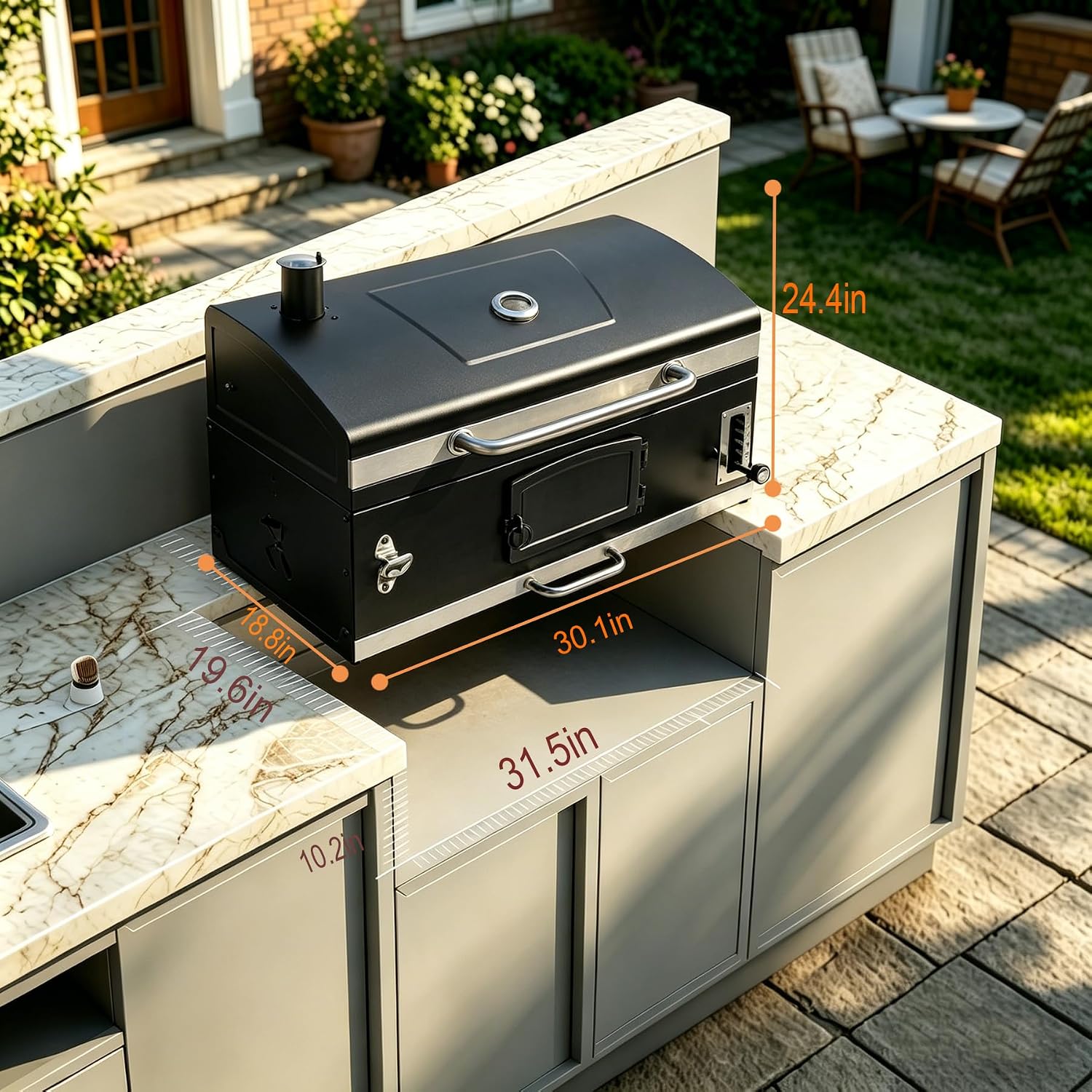 Large Built-in Barbecue Grills, Charcoal BBQ Grills with Liftable Tray, Insulated Hood & Temp Gauge, Black Stainless Steel Charcoal BBQ Barrel Grill for Outdoor Kitchen Camping Park Style