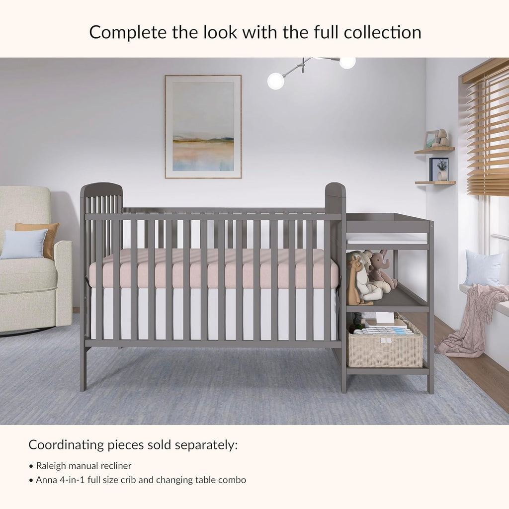 Dream On Me Anna 3-in-1 Convertible Full-Size Baby Crib & Changer with Storage in Steel Grey, GreenGuard Gold & JPMA, Pinewood, Converts to Day & Toddler Bed, 3 Mattress Heights, 1″ Changing Pad