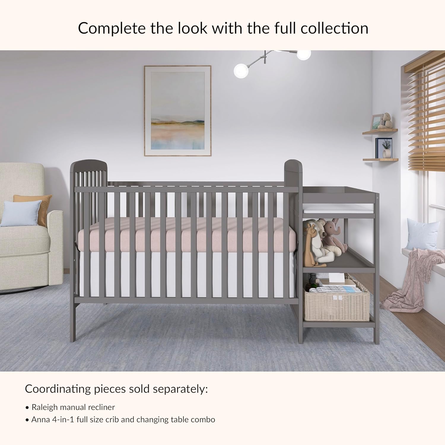Dream On Me Anna 3-in-1 Convertible Full-Size Baby Crib & Changer with Storage in Steel Grey, GreenGuard Gold & JPMA, Pinewood, Converts to Day & Toddler Bed, 3 Mattress Heights, 1″ Changing Pad