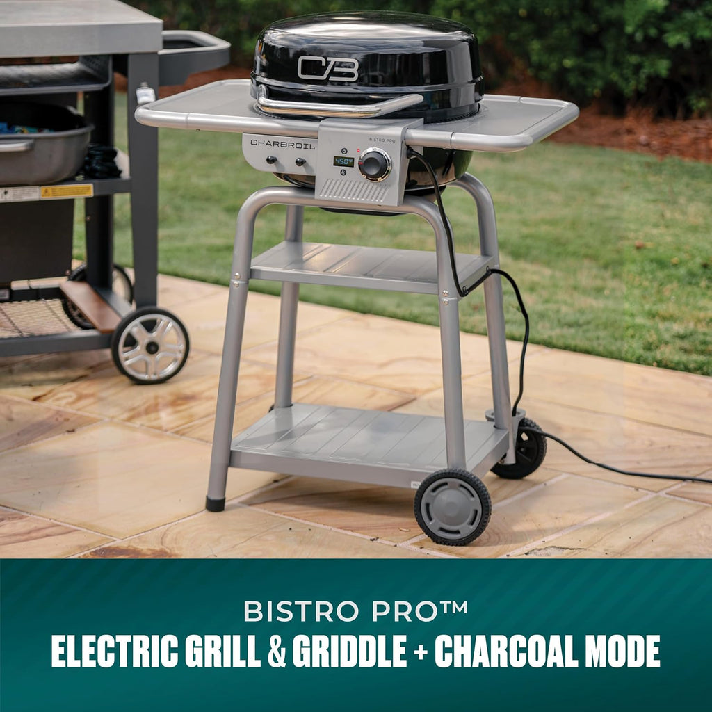Charbroil 3-in-1 Dual Fuel Outdoor Bistro Pro Electric Grill & Griddle + Charcoal Mode BBQ, Black - 25302145