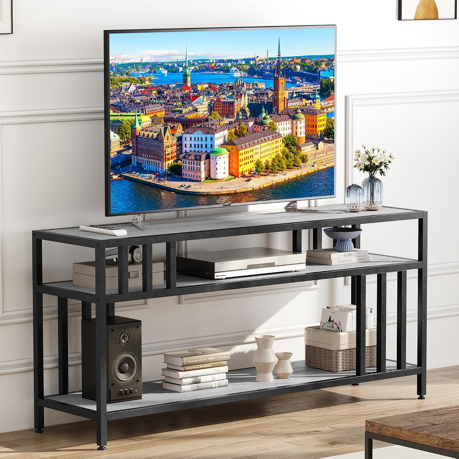 GarveeHome 58 in TV Stand for TV up to 65 in, Entertainment Center with Open Storage Shelves, TV Media Console Table with Quadruple-Tube Support for Living Room, Bedroom - 58 in Grey