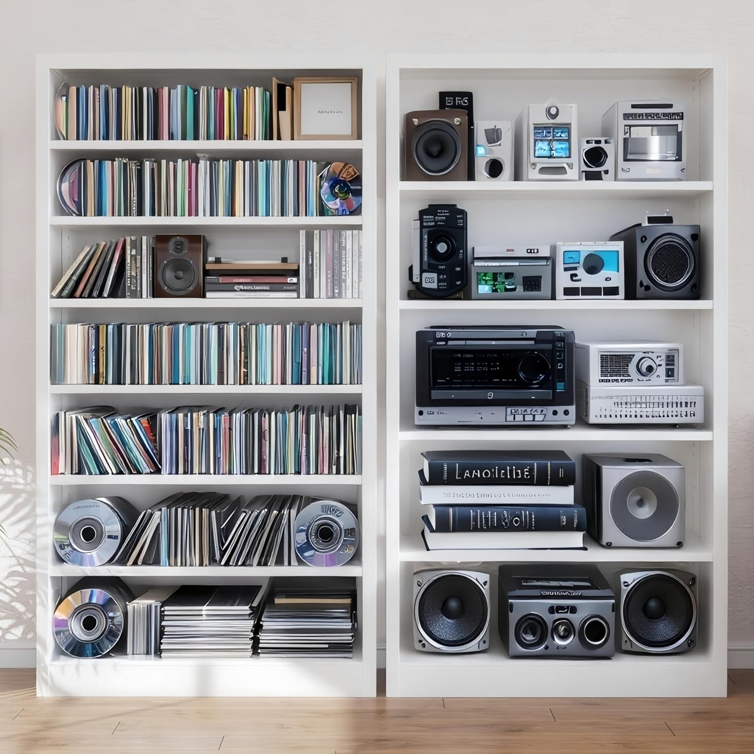 55' Media Storage Cabinet, Metal CD Storage Rack with 4 Adjustable Shelves, 5-Tier Large Media Stand for Living Room, Home Entertainment (White)