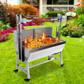 Rotisserie Grill Charcoal Spit Roaster, Stainless Steel 37' Pig Lamb Hooded Roaster Charcoal Spit With 25W Motor & Adjustable Height Lockable Casters For Party Barbecue,132 LBS With Baffle