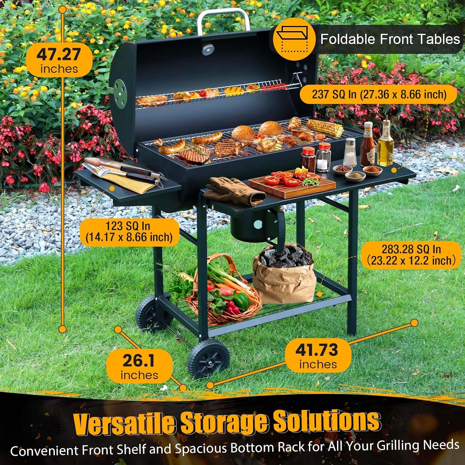 Charcoal BBQ Grills Outdoor: Spacious Barrel Barbecue Grill with Side Front Table - Premium BBQ Smoker Combo for Backyard Cooking Patio Grilling Tailgating Party Camping Picnic