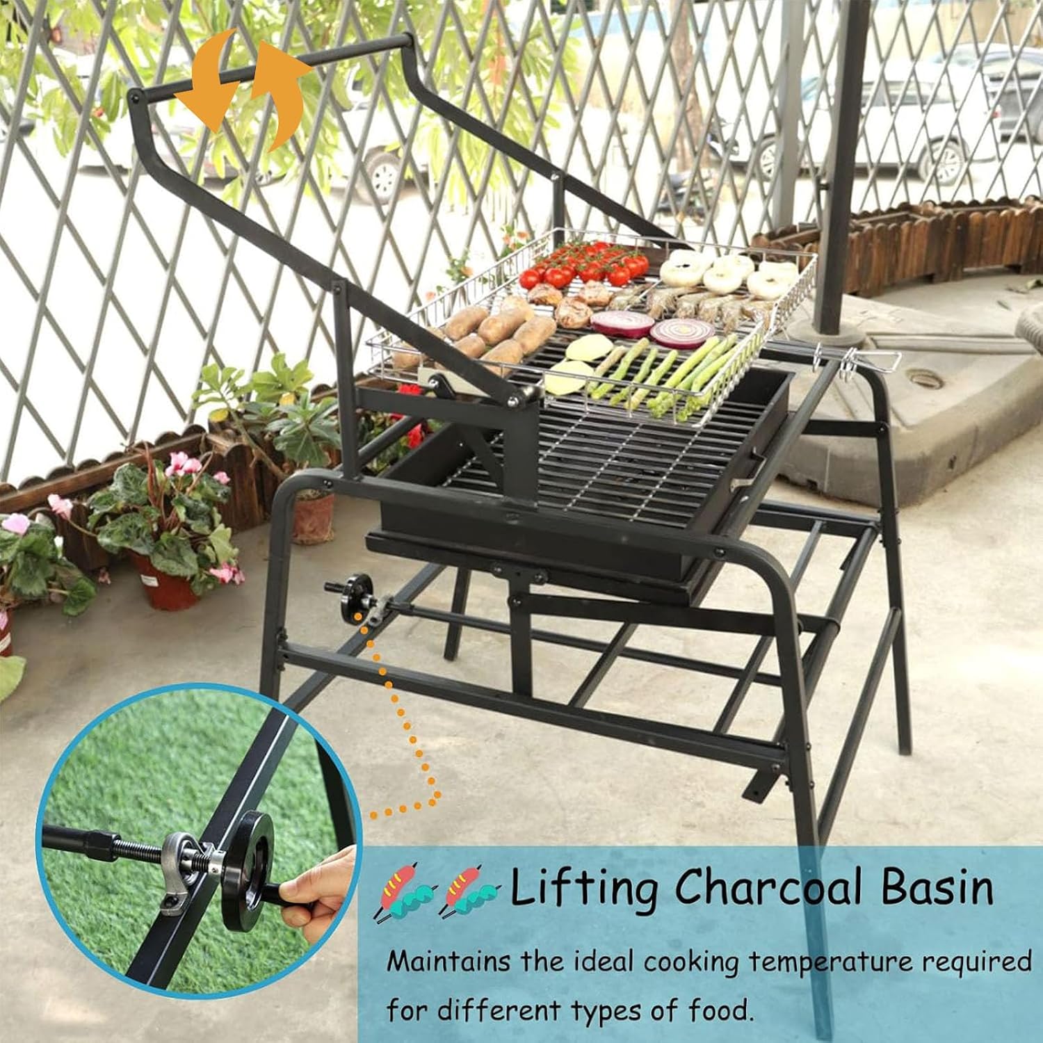 Extra Large Charcoal Grill, 360° Rotating Charcoal Grill, Portable Smoker Stainless Steel Grill With Liftable Charcoal Brazier, Camping Grill