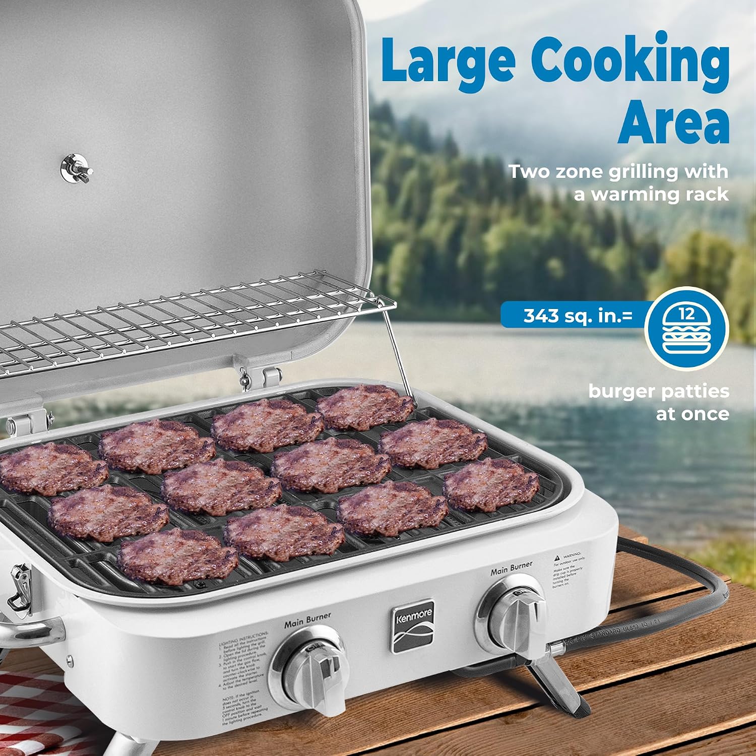Kenmore Portable Propane Gas Grill - Tabletop BBQ Grill with Warming Rack, 2 Stainless Steel Burners with 14,000 BTUs, for Outdoor Kitchen, Camping, Pearl