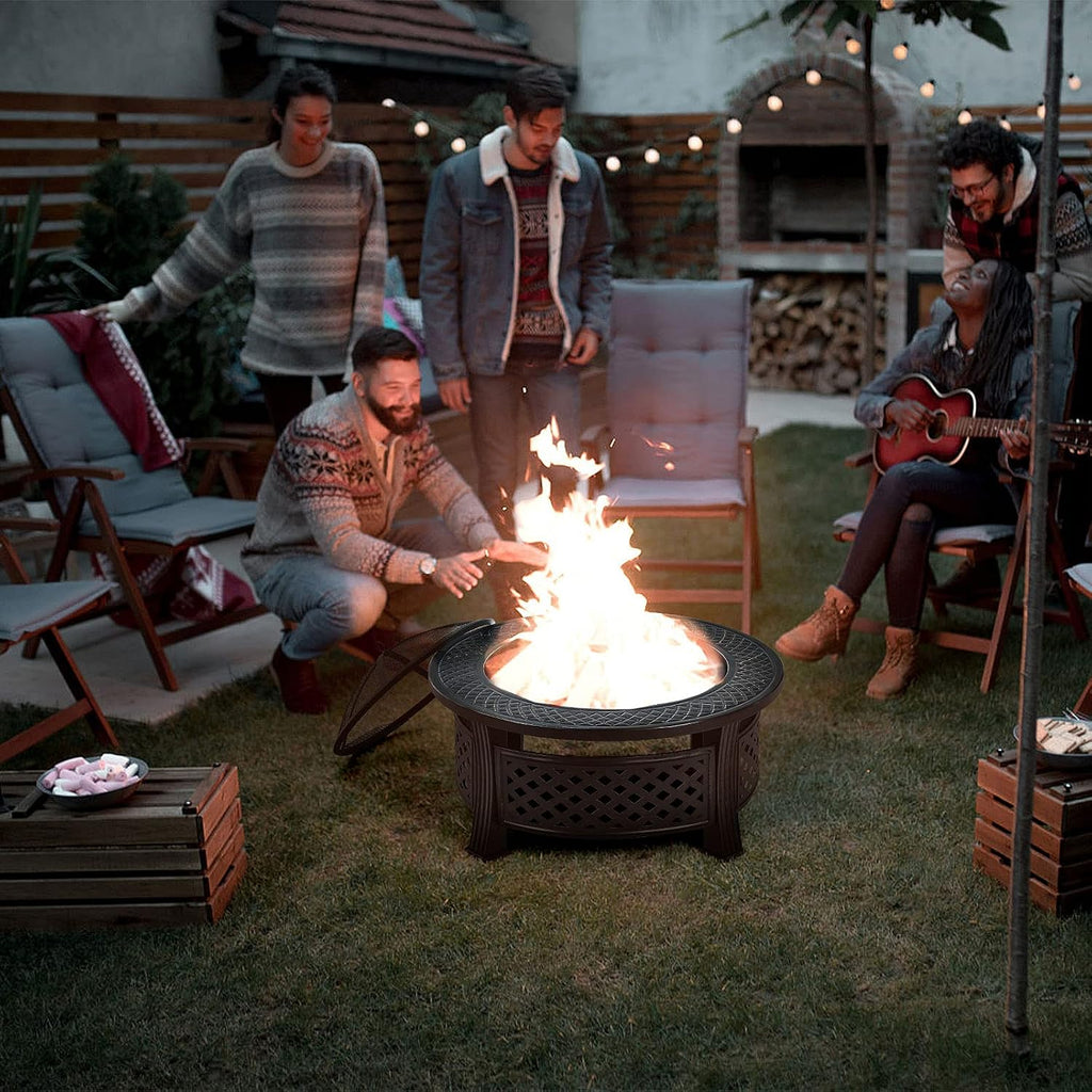 Giantex 3 in 1 Fire Pit, 32' Outdoor Wood Burning Fire Pit, Multifunctional Round Firepit Stove, Metal Fire Bowl with Cover, Portable Fire Pits for Outside Heating, Bonfire, Picnic, Grill