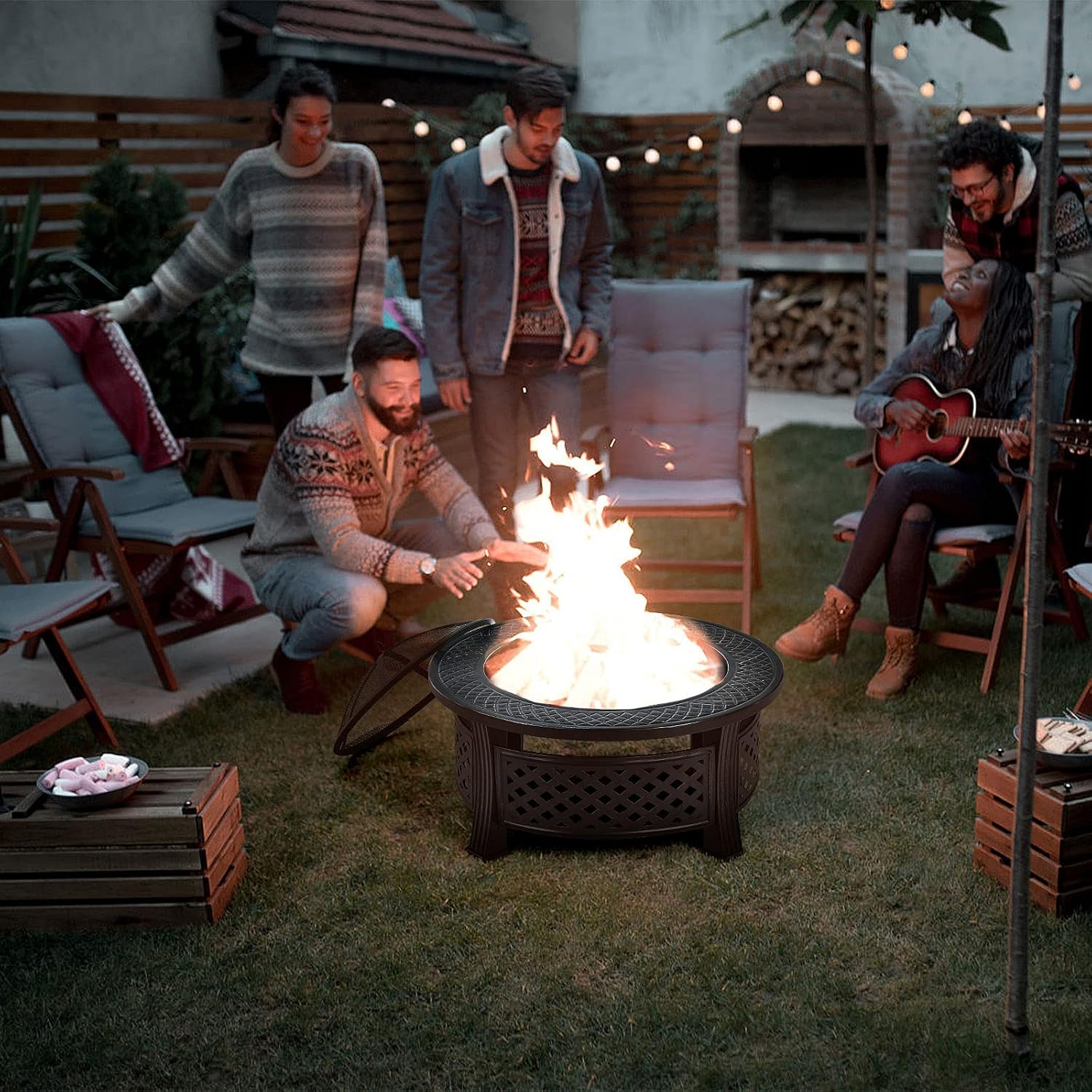 Giantex 3 in 1 Fire Pit, 32' Outdoor Wood Burning Fire Pit, Multifunctional Round Firepit Stove, Metal Fire Bowl with Cover, Portable Fire Pits for Outside Heating, Bonfire, Picnic, Grill