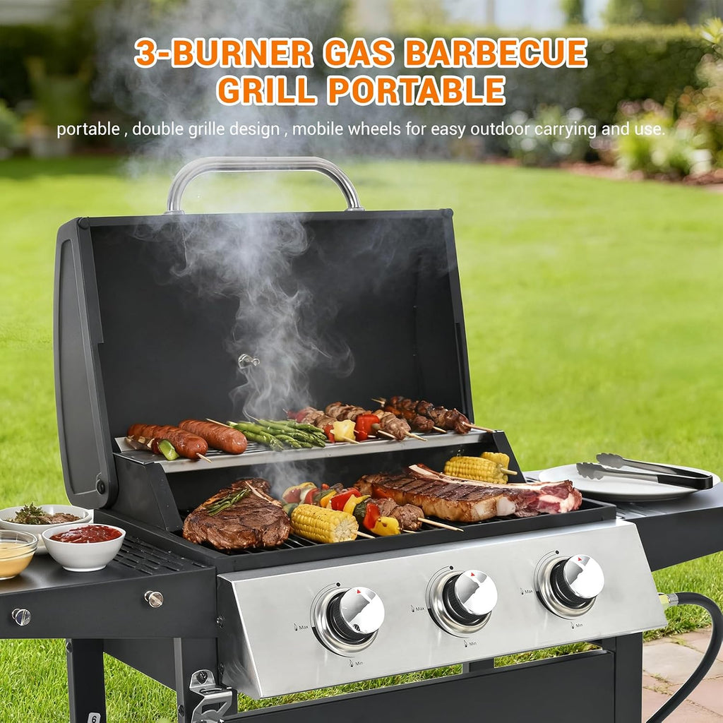 EUHOME Stainless Steel 3-Burner Gas Grill, 25650 BTU Outdoor BBQ Grill with Side Table, 338 sq.in Cooking Area, Perfect for Patio, Deck & Family Barbecues