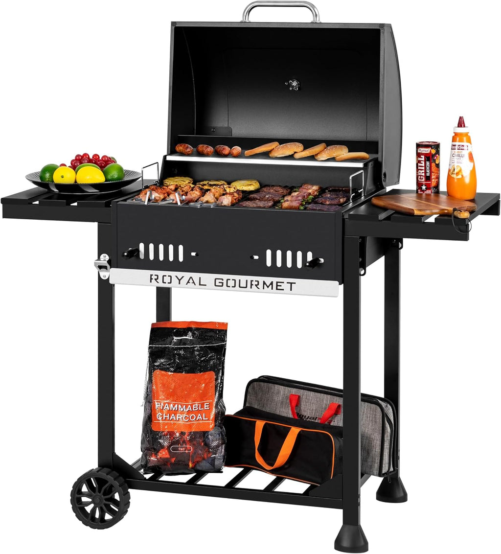 Royal Gourmet 24-Inch Movable Charcoal BBQ Grill with Foldable Side Shelves, Temperature-Controlled, 461 Sq., Ideal for Backyard Party, Outdoor Picnic, Patio Cooking, Garden Grilling, Black