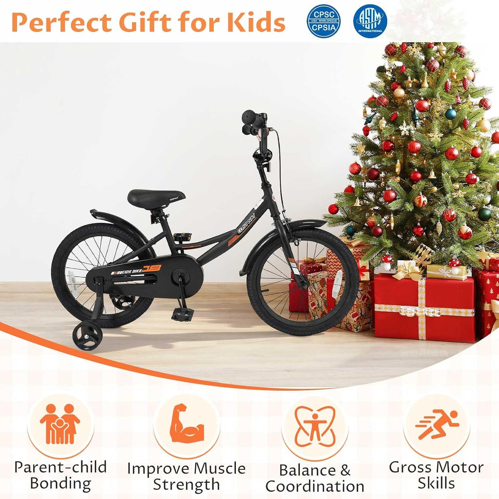 COSTWAY Kids Bike, 18 Inch Toddler Bicycle with Removable Training Wheels, Dual Brakes, Adjustable Seat & Handlebar Height, Girls & Boys Bikes for 3-8 Years Old (Black,18 Inch with Kickstand)