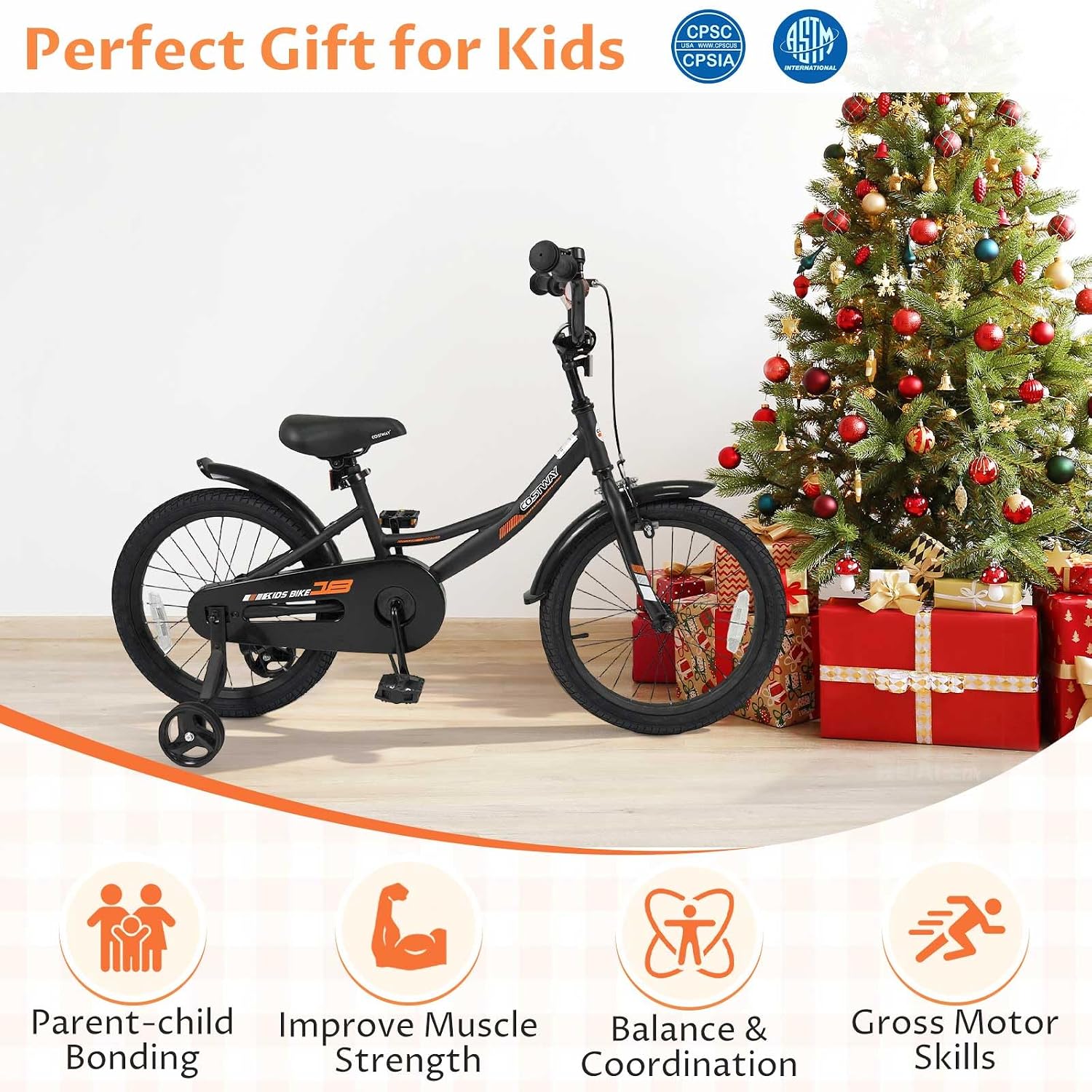 COSTWAY Kids Bike, 18 Inch Toddler Bicycle with Removable Training Wheels, Dual Brakes, Adjustable Seat & Handlebar Height, Girls & Boys Bikes for 3-8 Years Old (Black,18 Inch with Kickstand)
